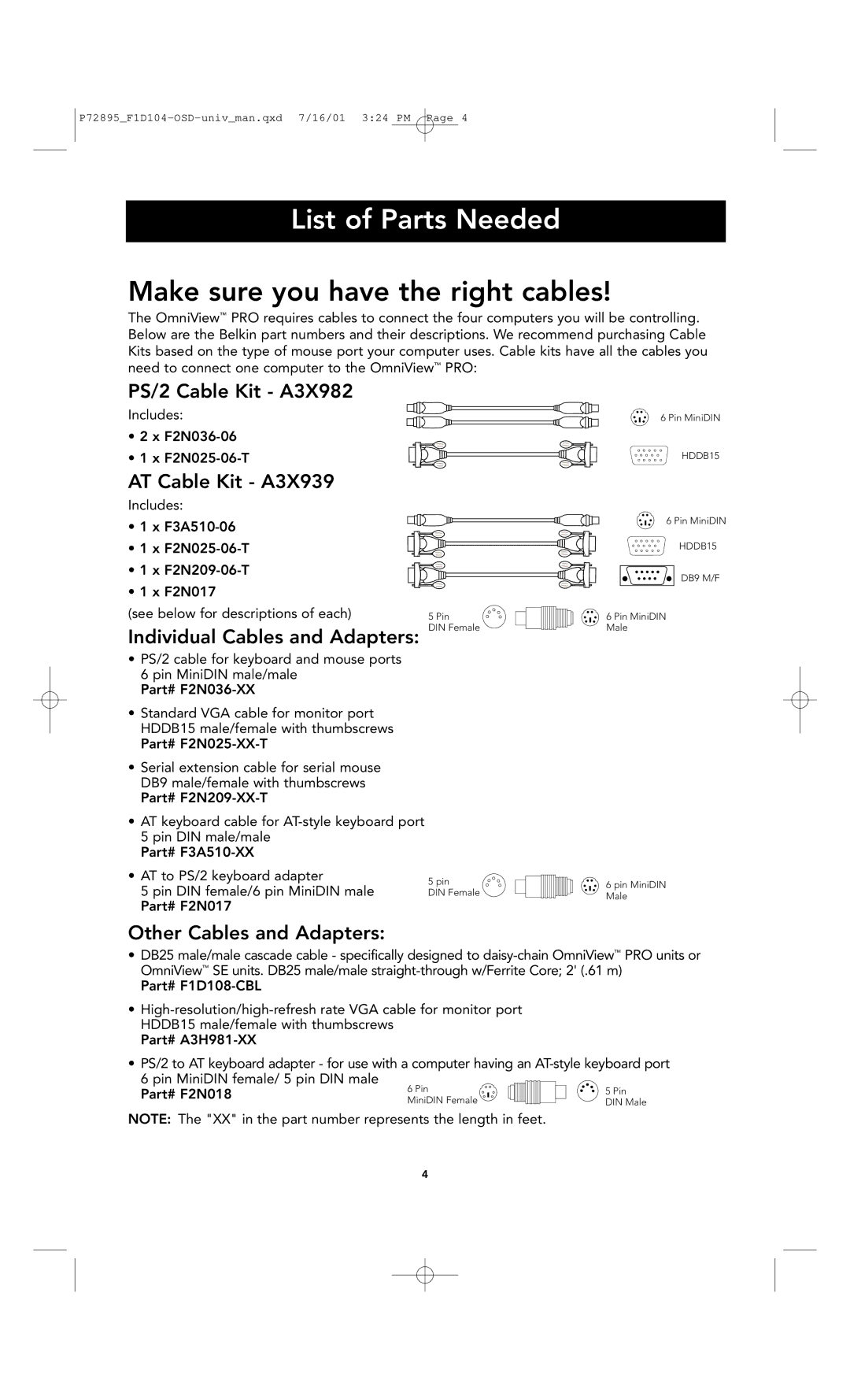 Belkin F1D104-OSD user manual List of Parts Needed, PS/2 Cable Kit A3X982, AT Cable Kit A3X939, Other Cables and Adapters 