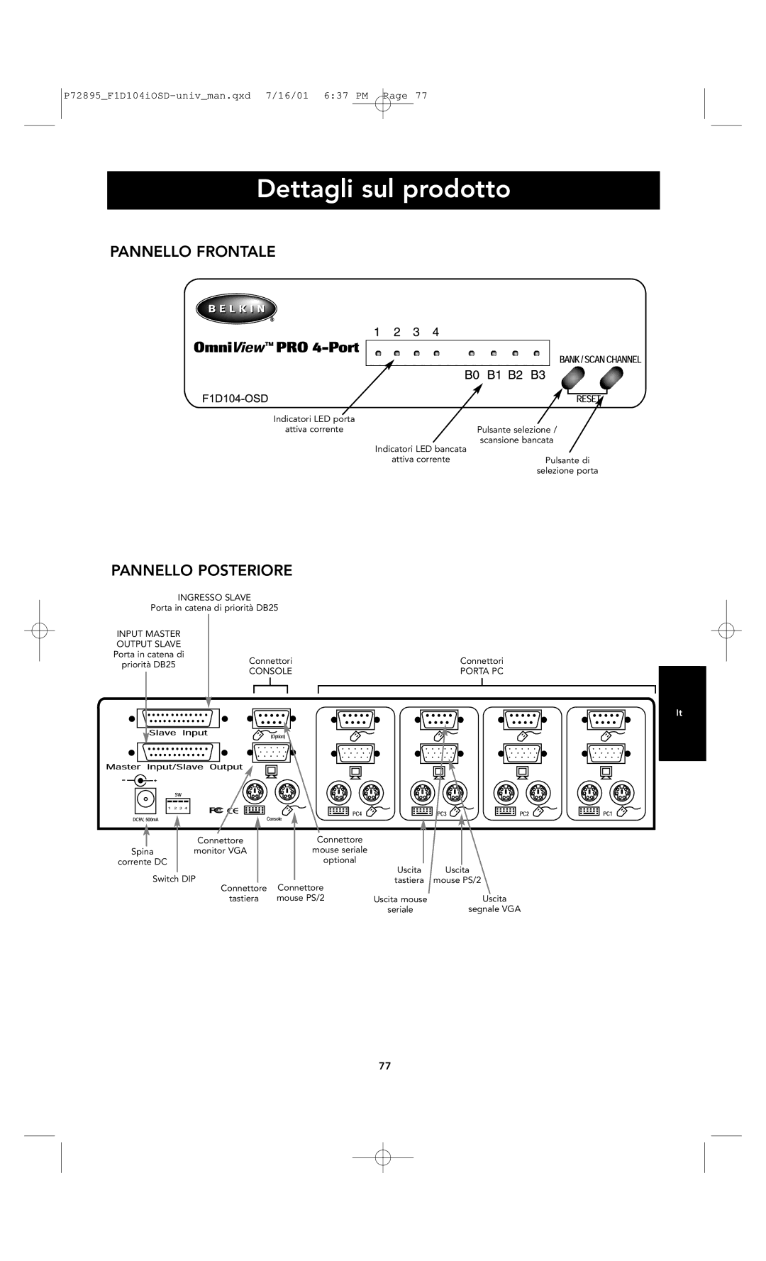 Belkin F1D104-OSD user manual Dettagli sul prodotto, Pannello Frontale, Pannello Posteriore 