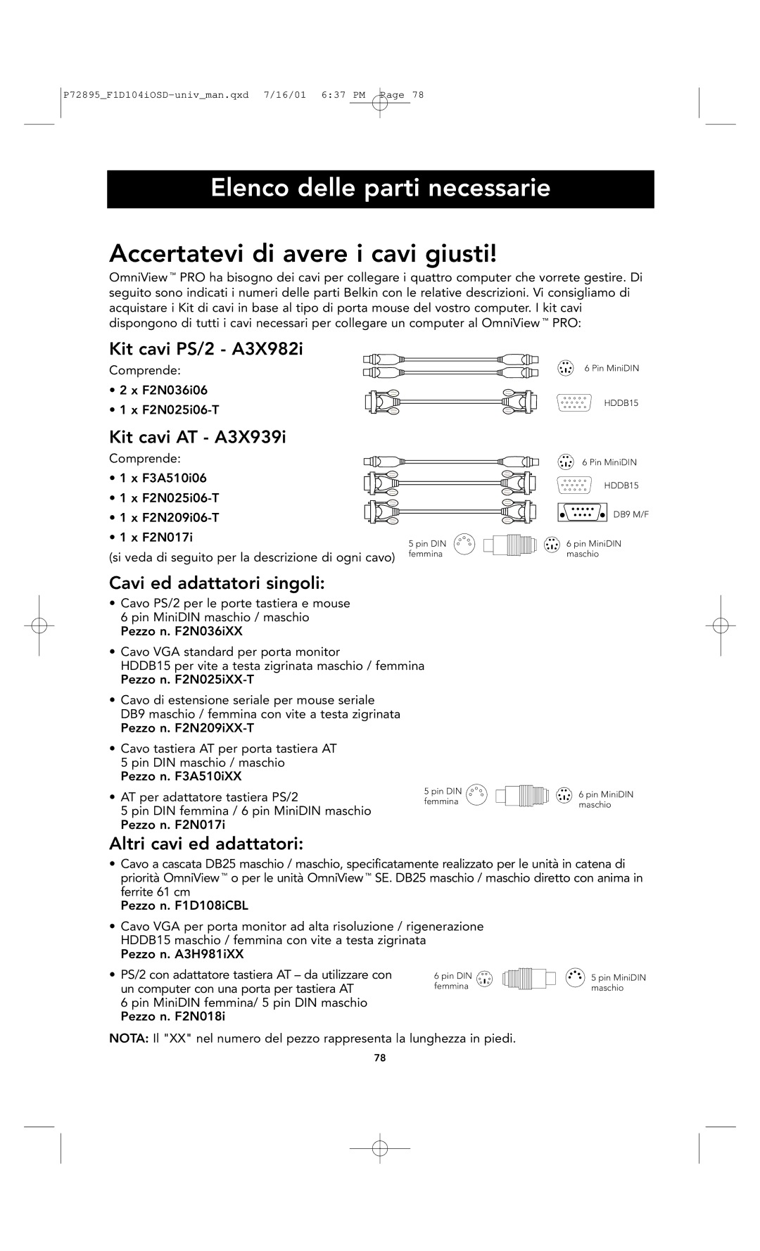 Belkin F1D104-OSD Elenco delle parti necessarie, Kit cavi PS/2 A3X982i, Kit cavi AT A3X939i, Cavi ed adattatori singoli 