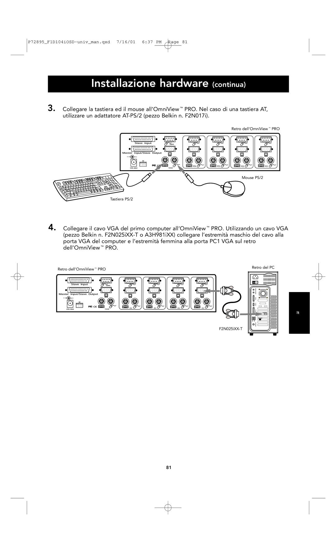 Belkin F1D104-OSD user manual Retro dell’OmniView PRO Mouse PS/2 Tastiera PS/2 