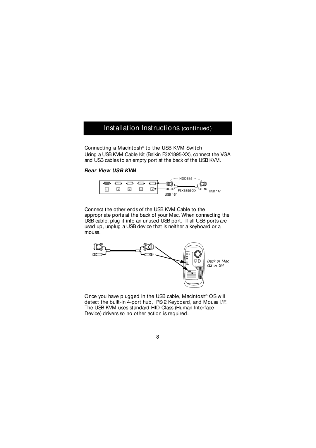 Belkin F1D104-USB manual Connecting a Macintosh to the USB KVM Switch 