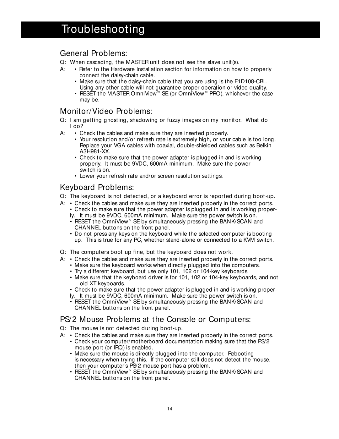 Belkin F1D104 manual Troubleshooting, General Problems, Monitor/Video Problems, Keyboard Problems 