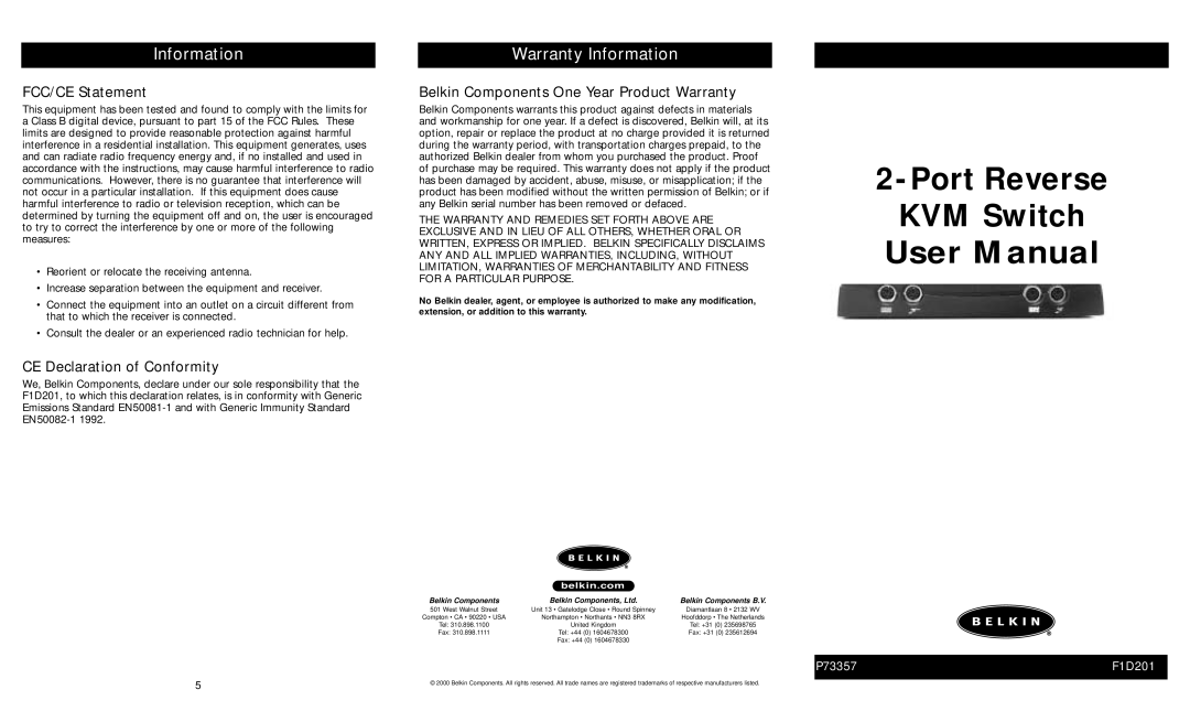 Belkin F1D201 warranty Warranty Information, FCC/CE Statement, CE Declaration of Conformity 