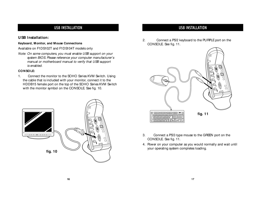 Belkin F1DS102T, F1D5102P, F1DS104T, F1DS104P user manual USB Installation, Keyboard, Monitor, and Mouse Connections 