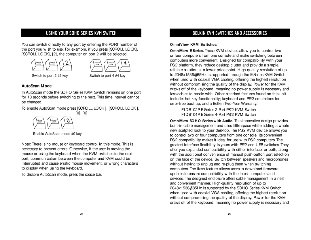 Belkin F1DS104T, F1D5102P, F1DS102T, F1DS104P Belkin KVM Switches and Accessories, AutoScan Mode, OmniView KVM Switches 