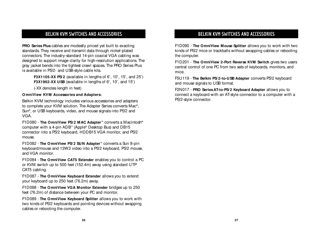 Belkin F1DS104P, F1D5102P, F1DS104T, F1DS102T user manual OmniView KVM Accessories and Adapters 