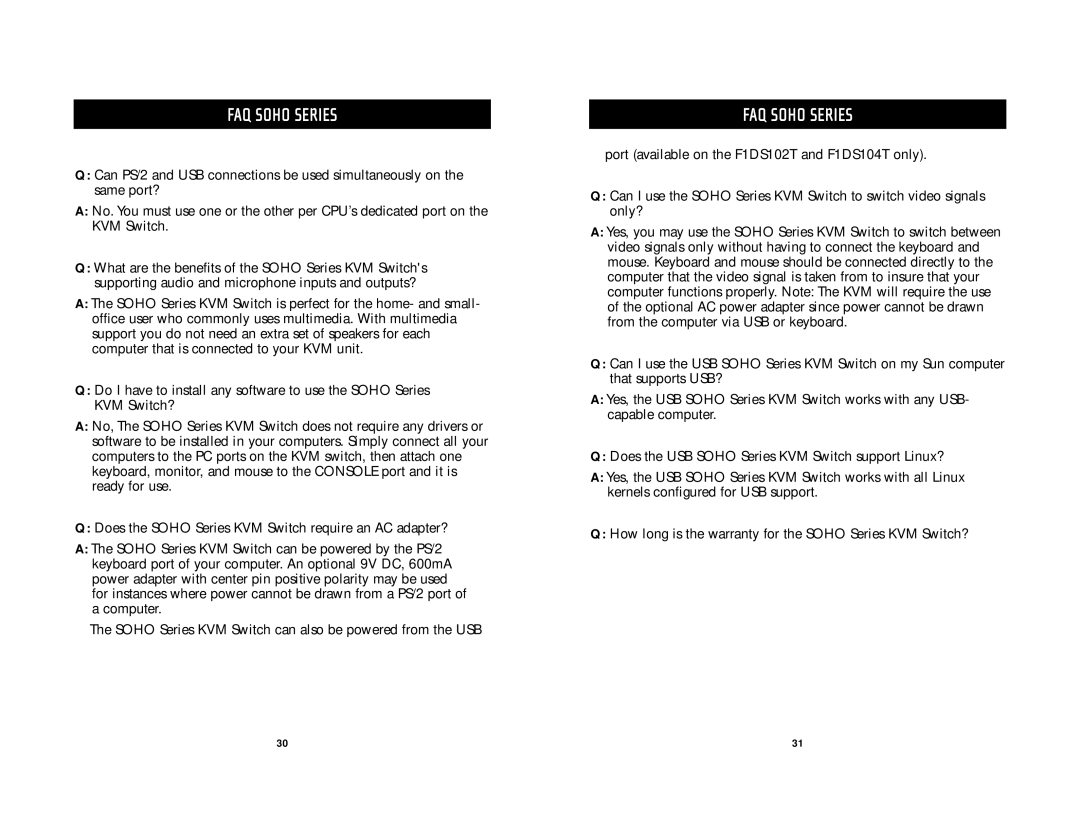 Belkin F1DS104T, F1D5102P, F1DS102T, F1DS104P user manual FAQ Soho Series 