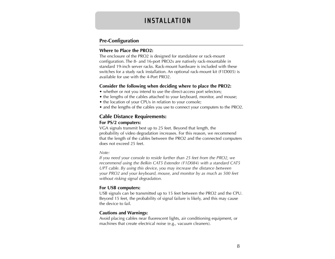 Belkin F1DA104T user manual Sta L L At I O N, Pre-Configuration, Cable Distance Requirements 