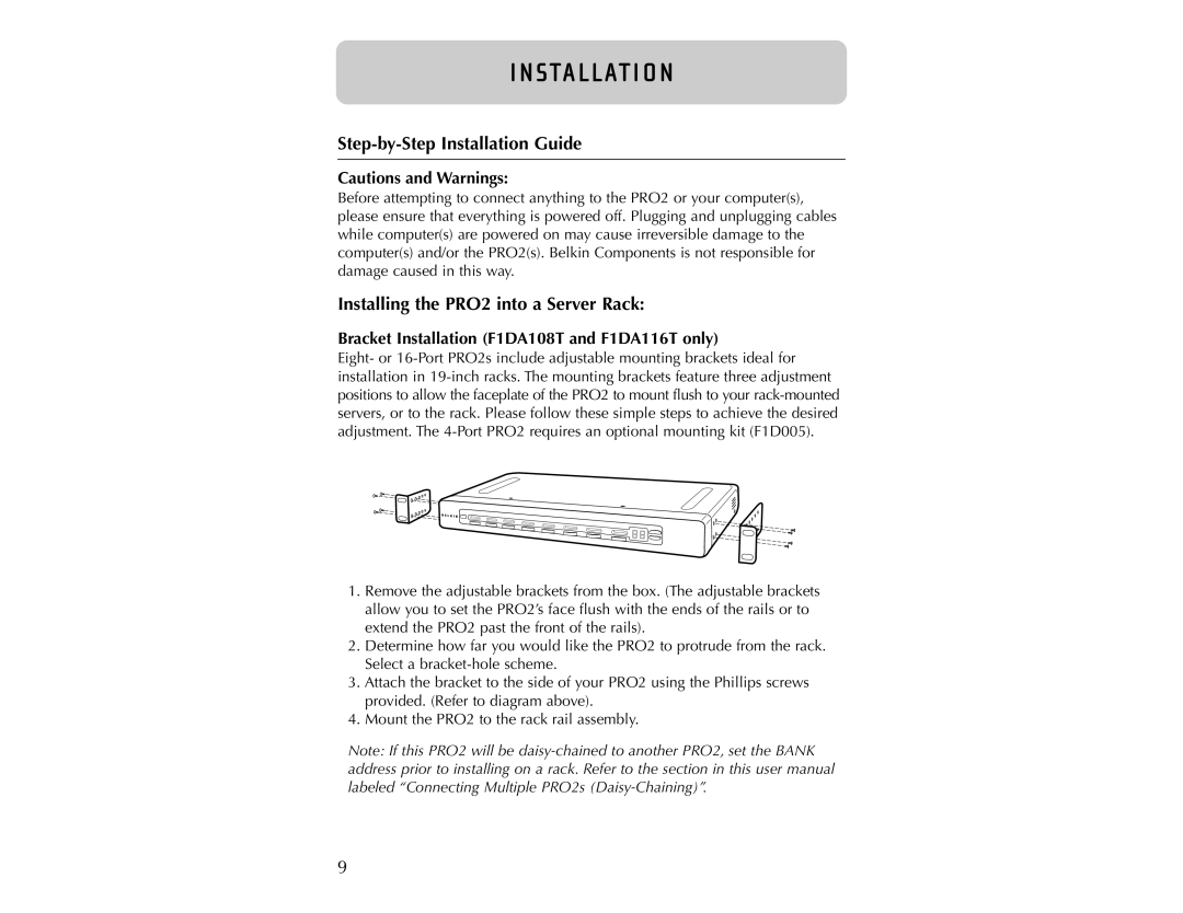 Belkin F1DA104T user manual Step-by-Step Installation Guide, Installing the PRO2 into a Server Rack 