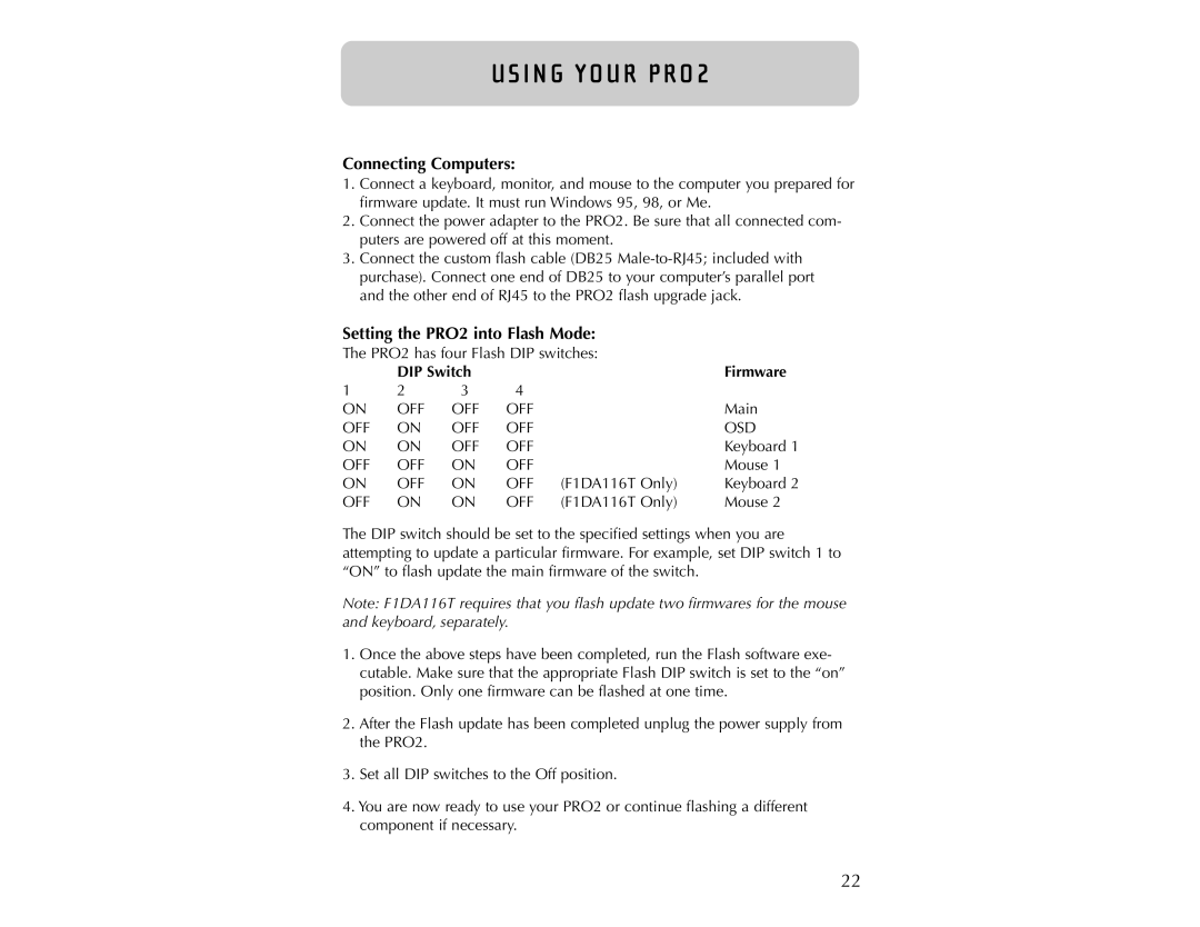 Belkin F1DA104T user manual Connecting Computers, Setting the PRO2 into Flash Mode 