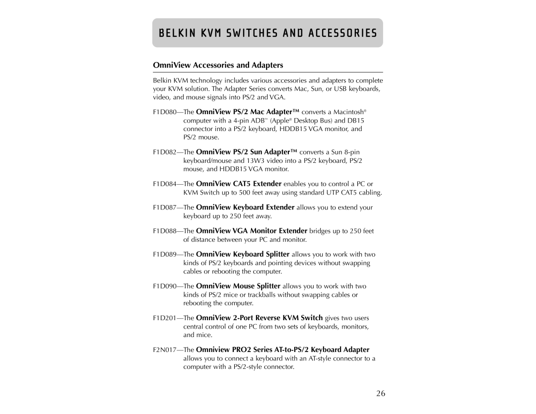 Belkin F1DA104T user manual OmniView Accessories and Adapters 