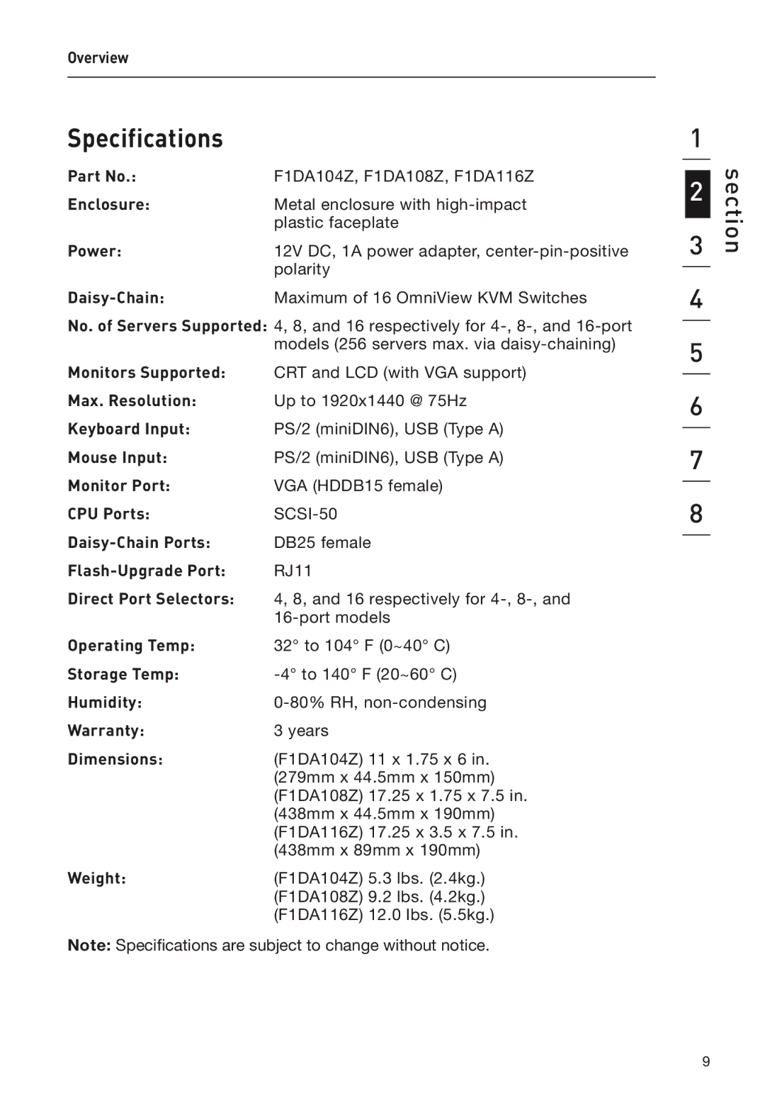 Belkin F1DA116Z, F1DA104Z, F1DA108Z user manual Specifications 