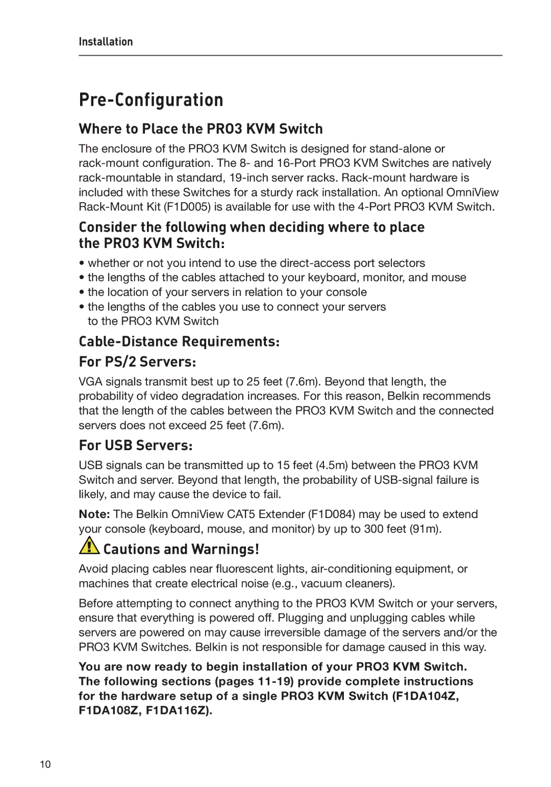 Belkin F1DA104Z Pre-Configuration, Where to Place the PRO3 KVM Switch, Cable-Distance Requirements For PS/2 Servers 