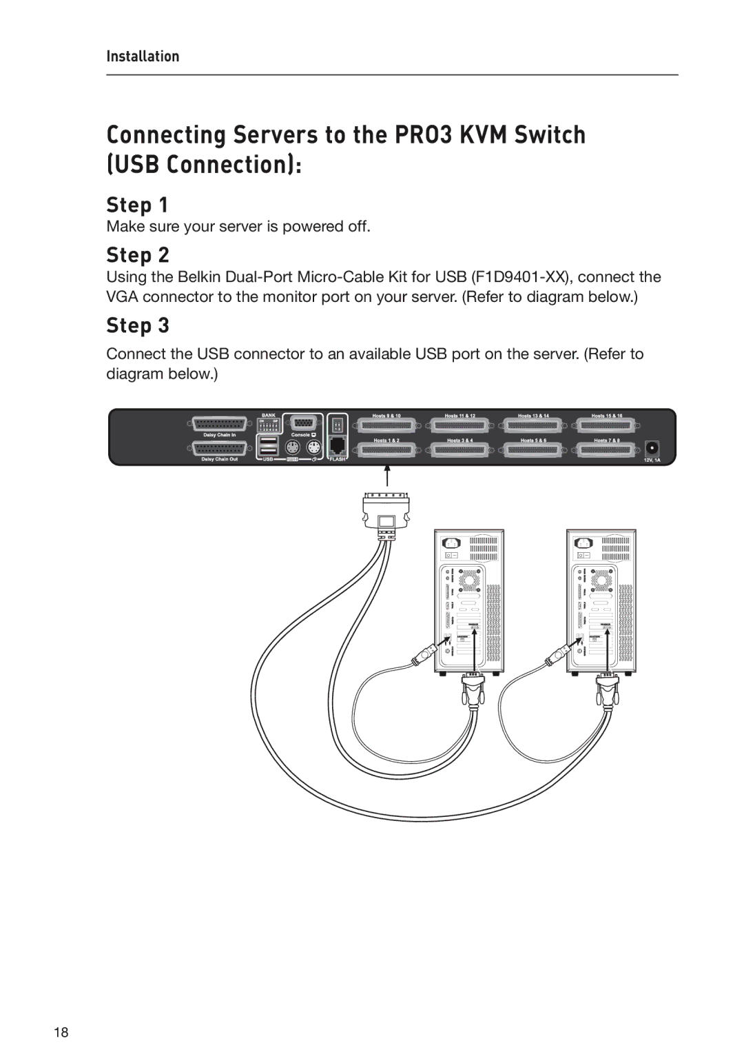 Belkin F1DA116Z, F1DA104Z, F1DA108Z user manual Connecting Servers to the PRO3 KVM Switch USB Connection 