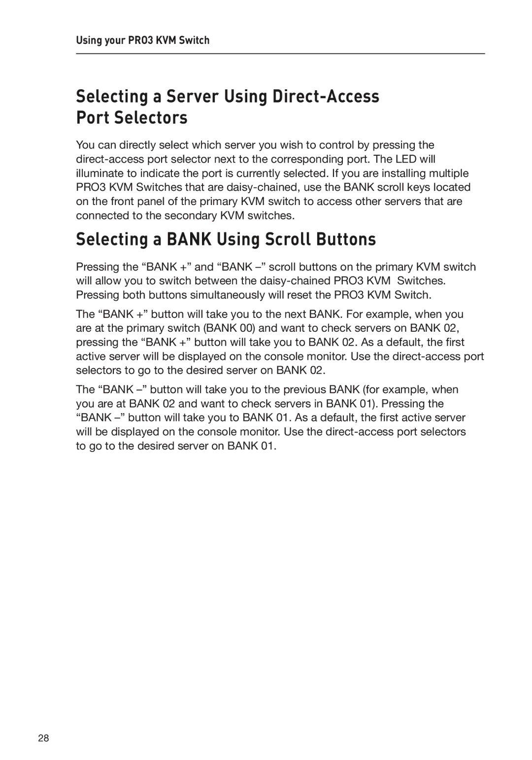 Belkin F1DA104Z, F1DA108Z Selecting a Server Using Direct-Access Port Selectors, Selecting a Bank Using Scroll Buttons 