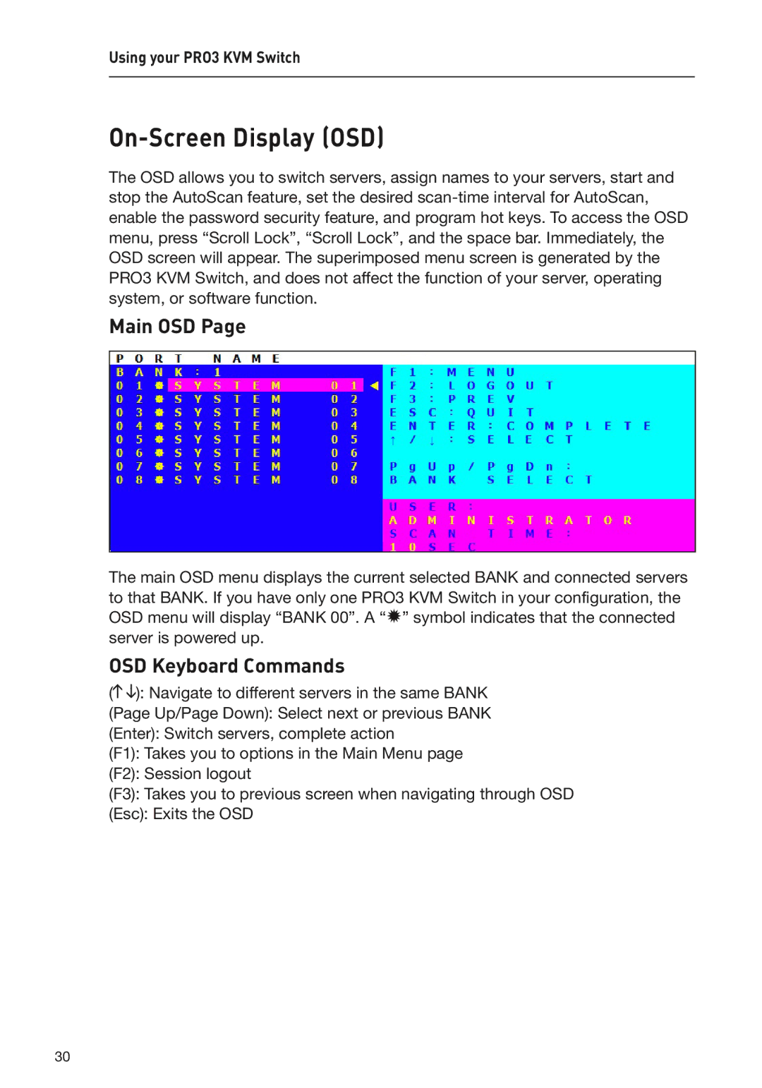 Belkin F1DA116Z, F1DA104Z, F1DA108Z user manual On-Screen Display OSD, Main OSD, OSD Keyboard Commands 