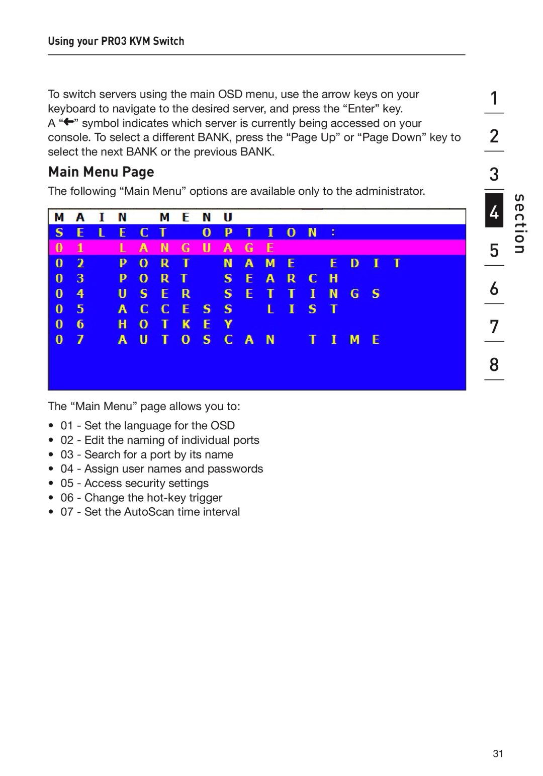 Belkin F1DA104Z, F1DA108Z, F1DA116Z user manual Main Menu 