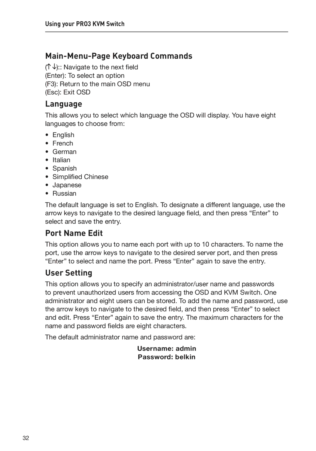 Belkin F1DA108Z Main-Menu-Page Keyboard Commands, Language, Port Name Edit, User Setting, Username admin Password belkin 