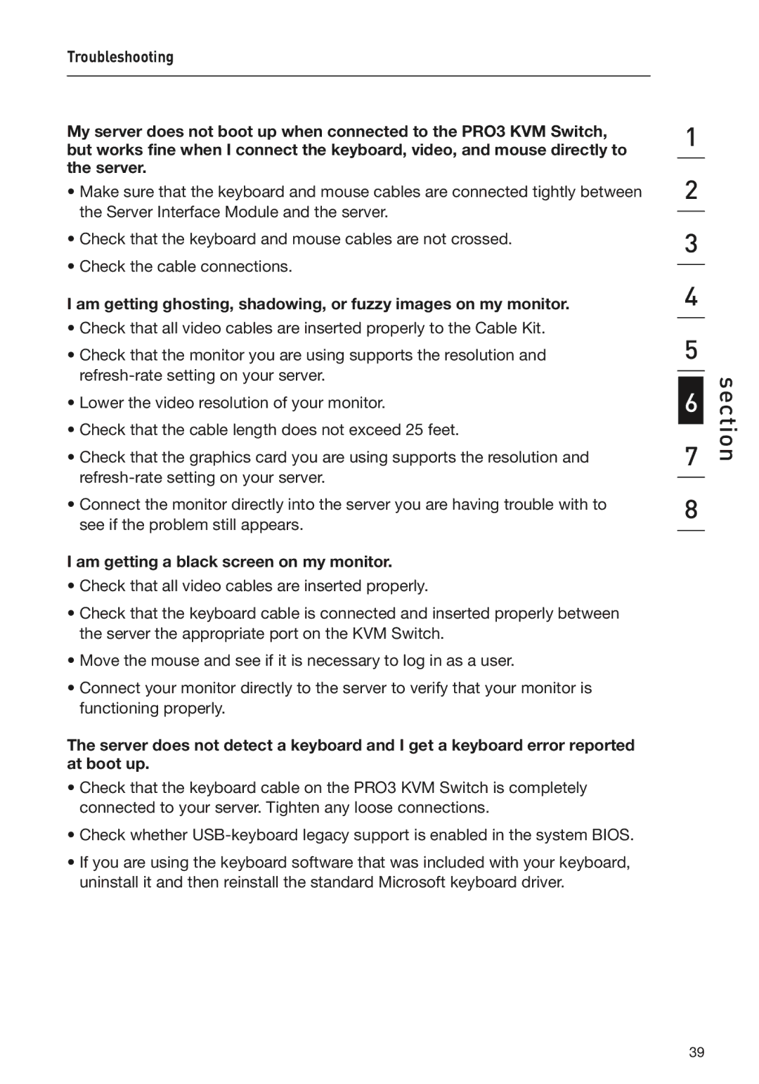 Belkin F1DA116Z, F1DA104Z, F1DA108Z user manual Am getting a black screen on my monitor 