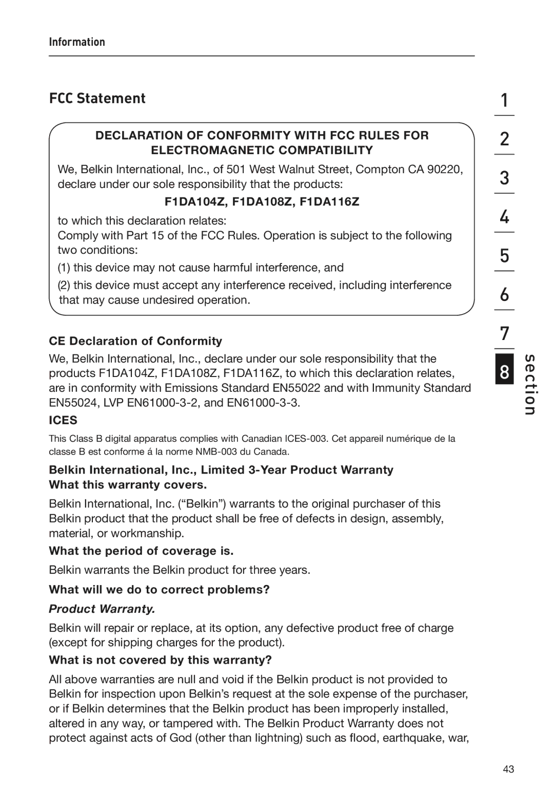 Belkin F1DA104Z, F1DA108Z, F1DA116Z user manual FCC Statement 