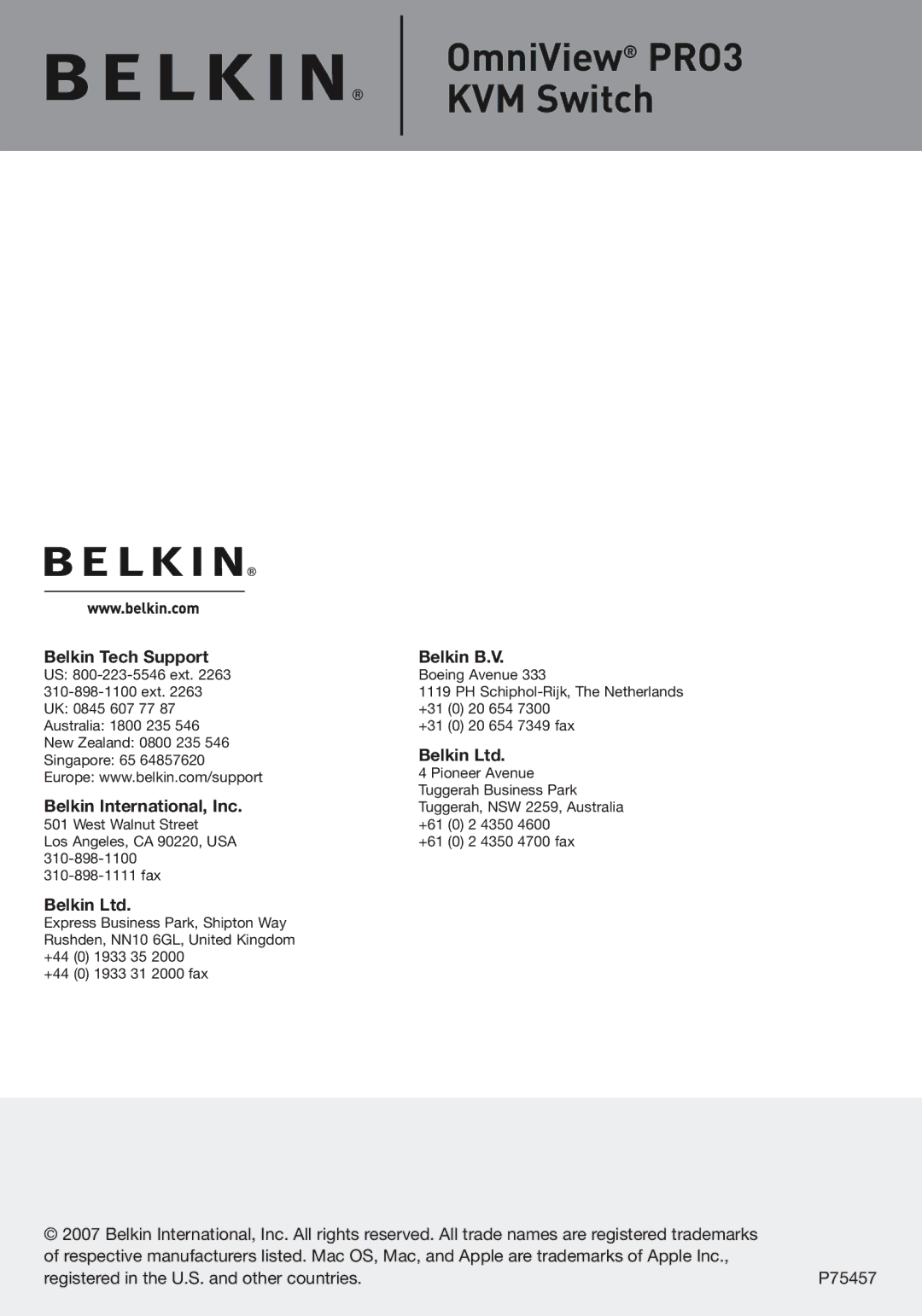 Belkin F1DA104Z, F1DA108Z, F1DA116Z user manual Belkin Tech Support Belkin B.V 