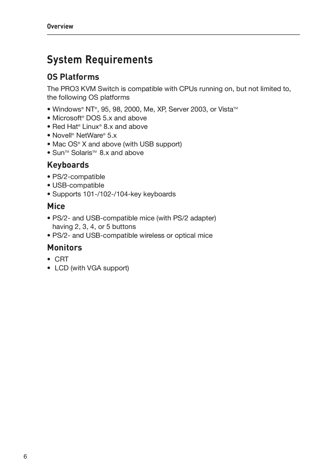 Belkin F1DA116Z, F1DA104Z, F1DA108Z user manual System Requirements, OS Platforms, Keyboards, Mice, Monitors 