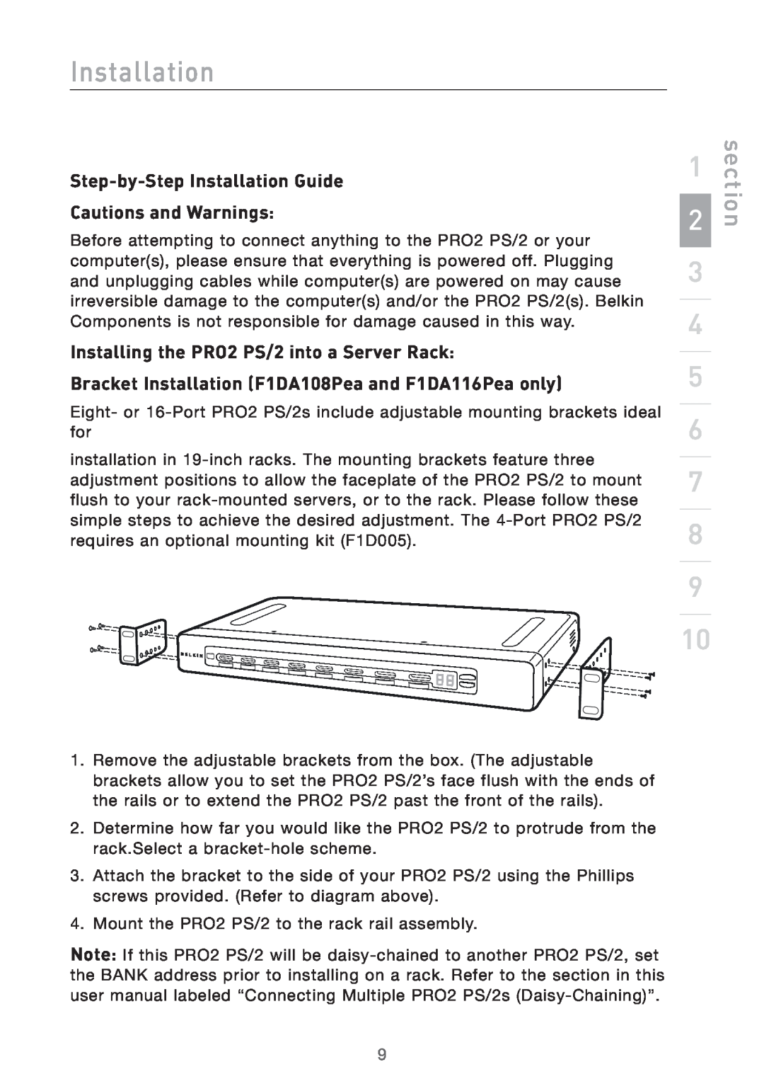 Belkin F1DA104PEA Step-by-Step Installation Guide Cautions and Warnings, Installing the PRO2 PS/2 into a Server Rack 