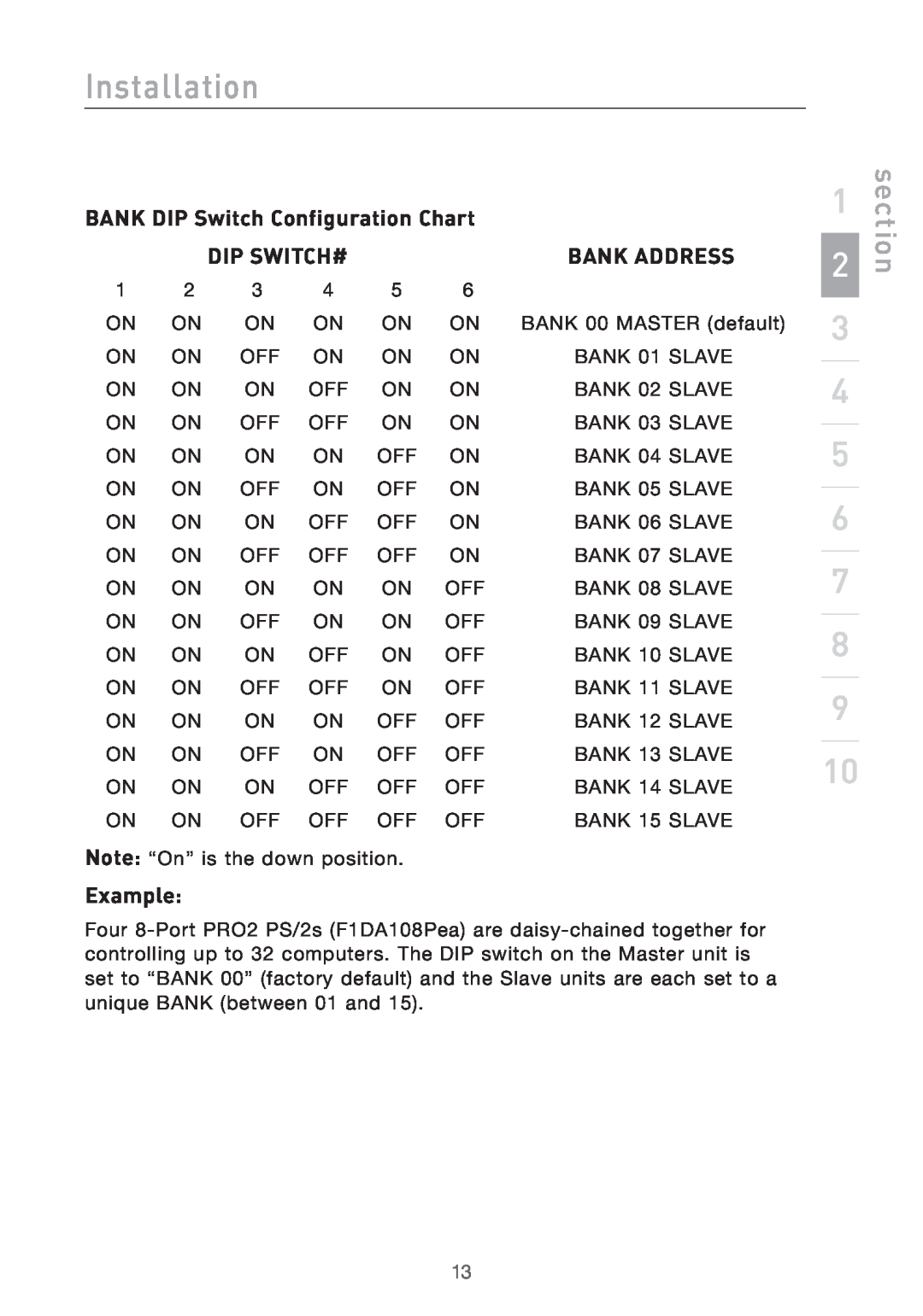 Belkin F1DA116PEA BANK DIP Switch Configuration Chart, Dip Switch#, Bank Address, Example, Installation, section 