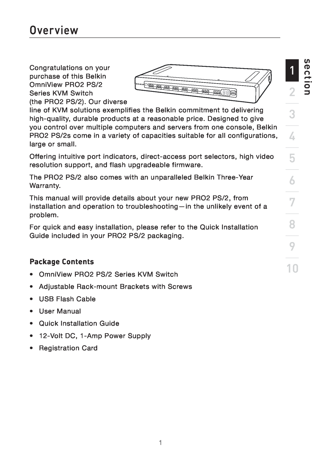Belkin F1DA116PEA, F1DA108PEA, F1DA104PEA user manual Overview, section, Package Contents 