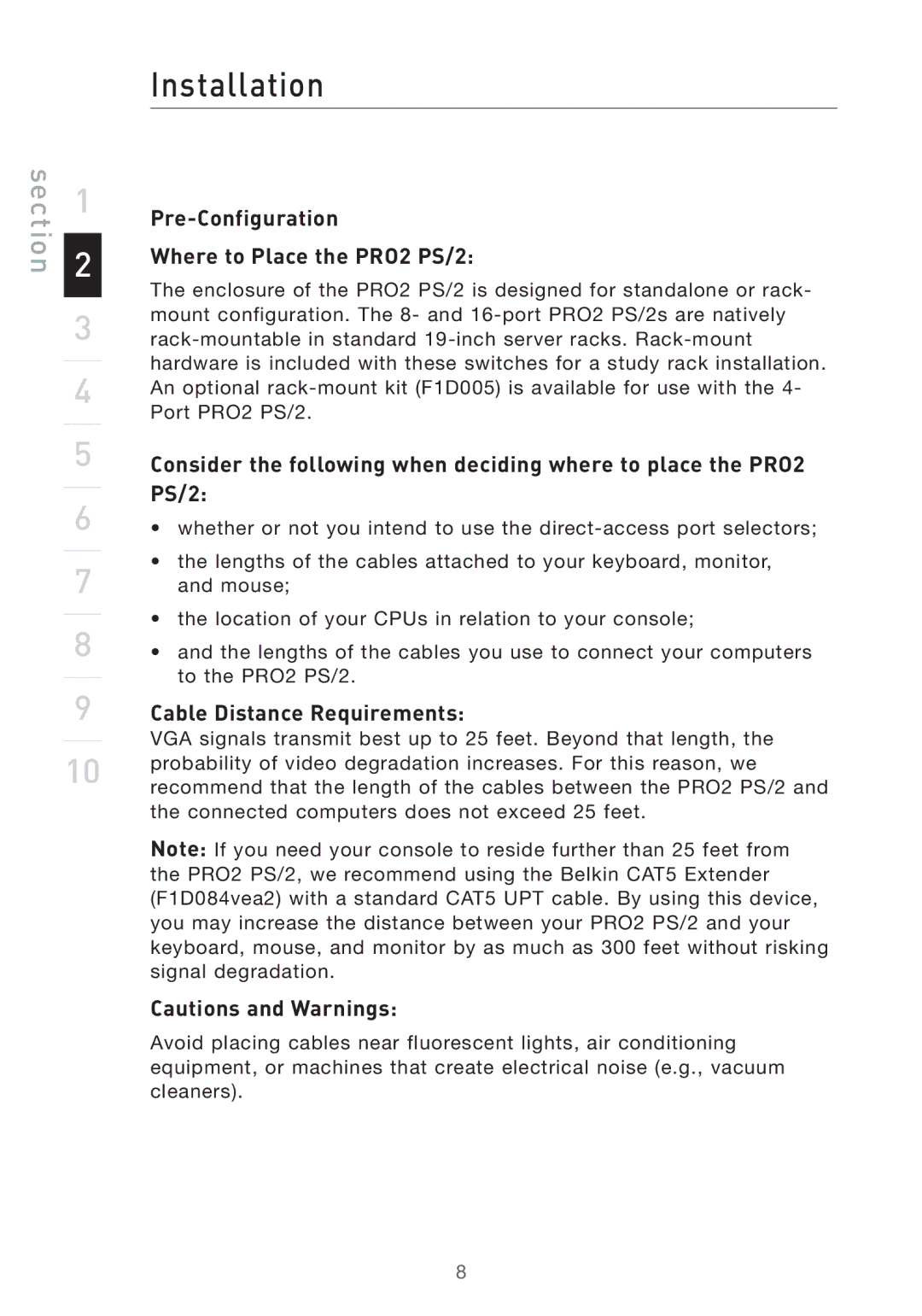 Belkin F1DA108PEA, F1DA116PEA Installation, Pre-Configuration Where to Place the PRO2 PS/2, Cable Distance Requirements 