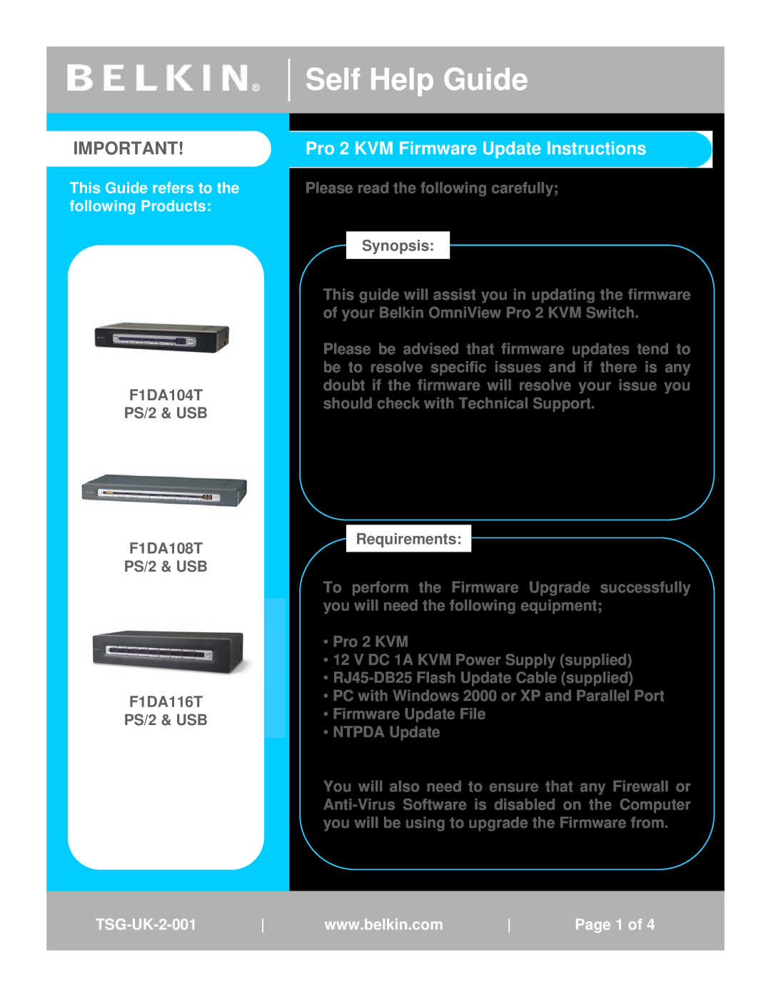 Belkin F1DA116T manual Self Help Guide, Pro 2 KVM Firmware Update Instructions, TSG--UK--21--001, Page11of41 