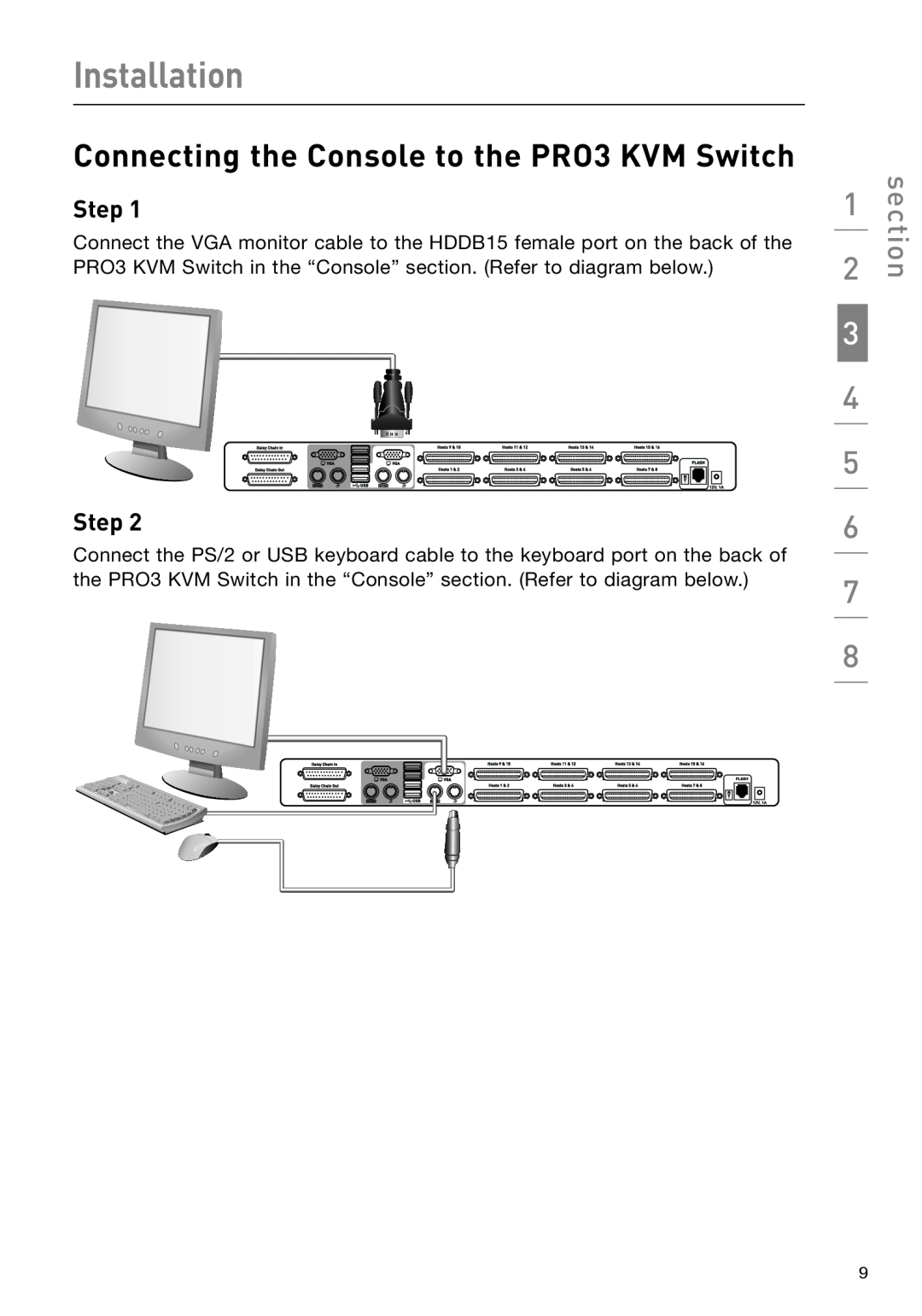 Belkin F1DA208Z manual Connecting the Console to the PRO3 KVM Switch, Installation, section, Step 