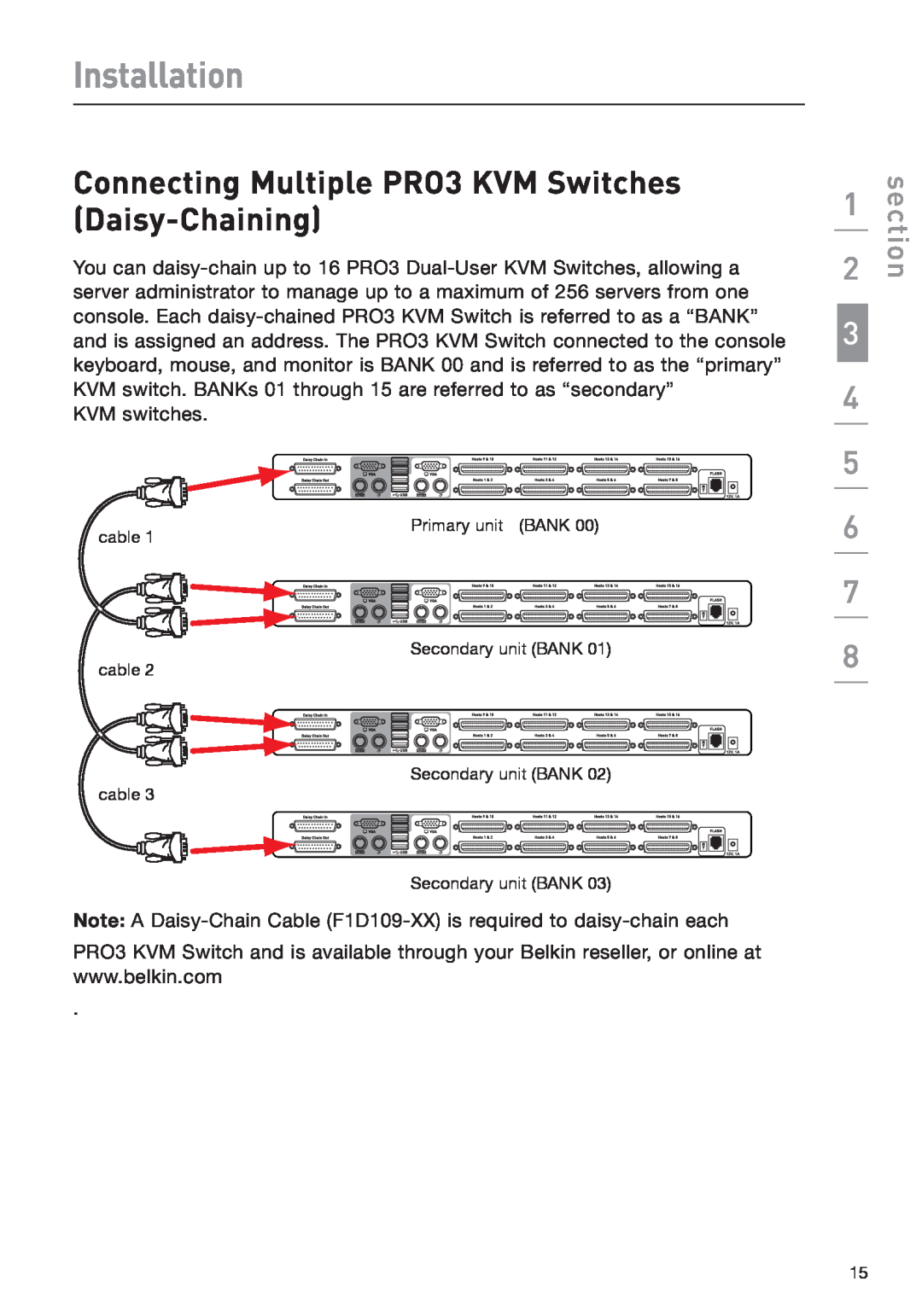 Belkin F1DA208Z manual Connecting Multiple PRO3 KVM Switches Daisy-Chaining, Installation, section 