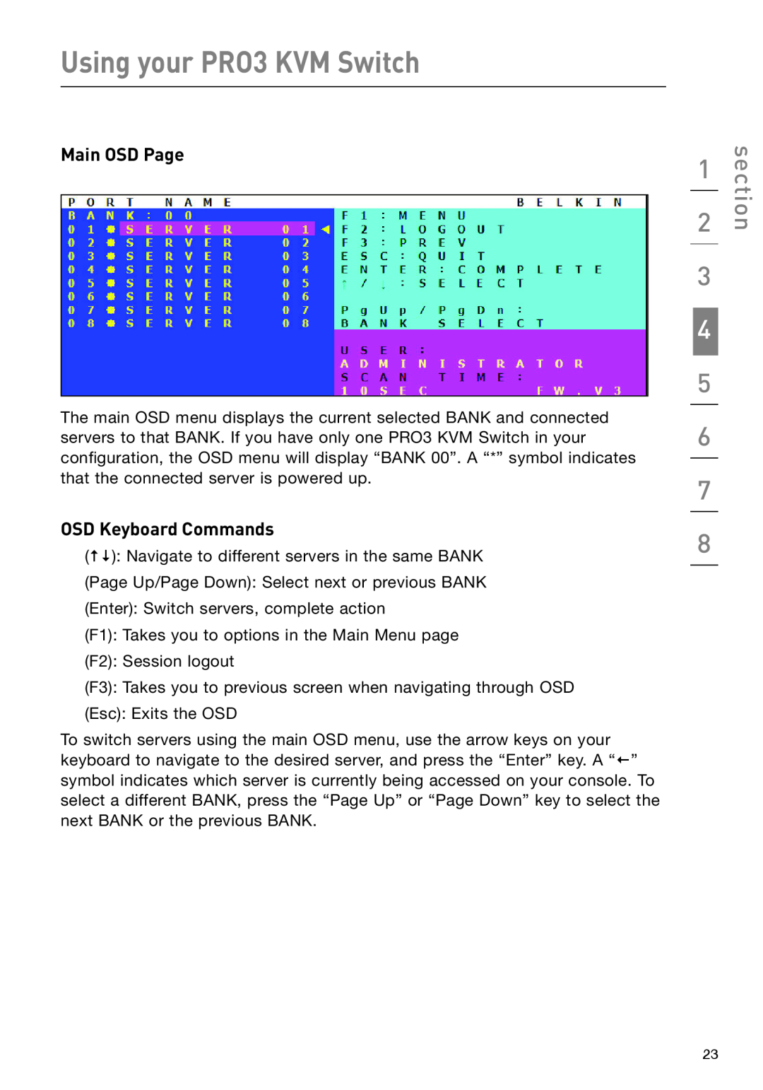 Belkin F1DA208Z manual Main OSD Page, OSD Keyboard Commands, Using your PRO3 KVM Switch, section 