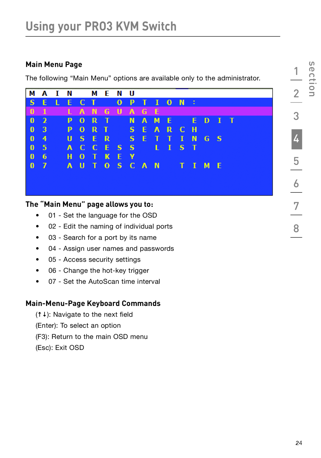 Belkin F1DA208Z manual Main Menu Page, The “Main Menu” page allows you to, Main-Menu-Page Keyboard Commands, section 