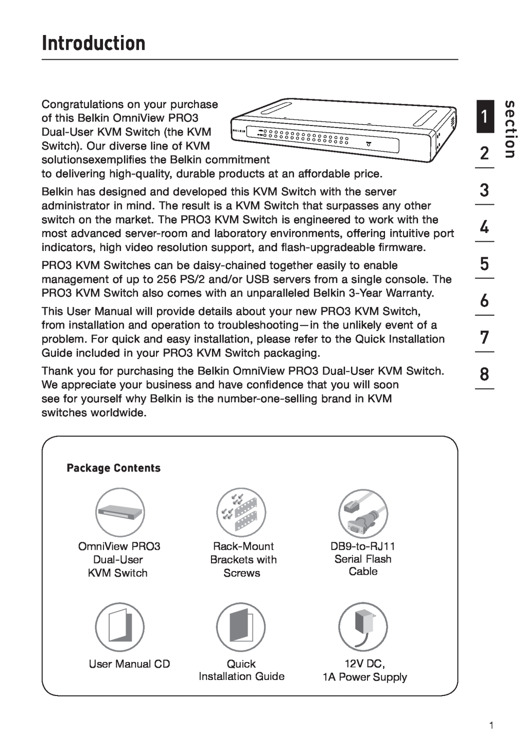 Belkin F1DA208Z manual Introduction, section, Package Contents 