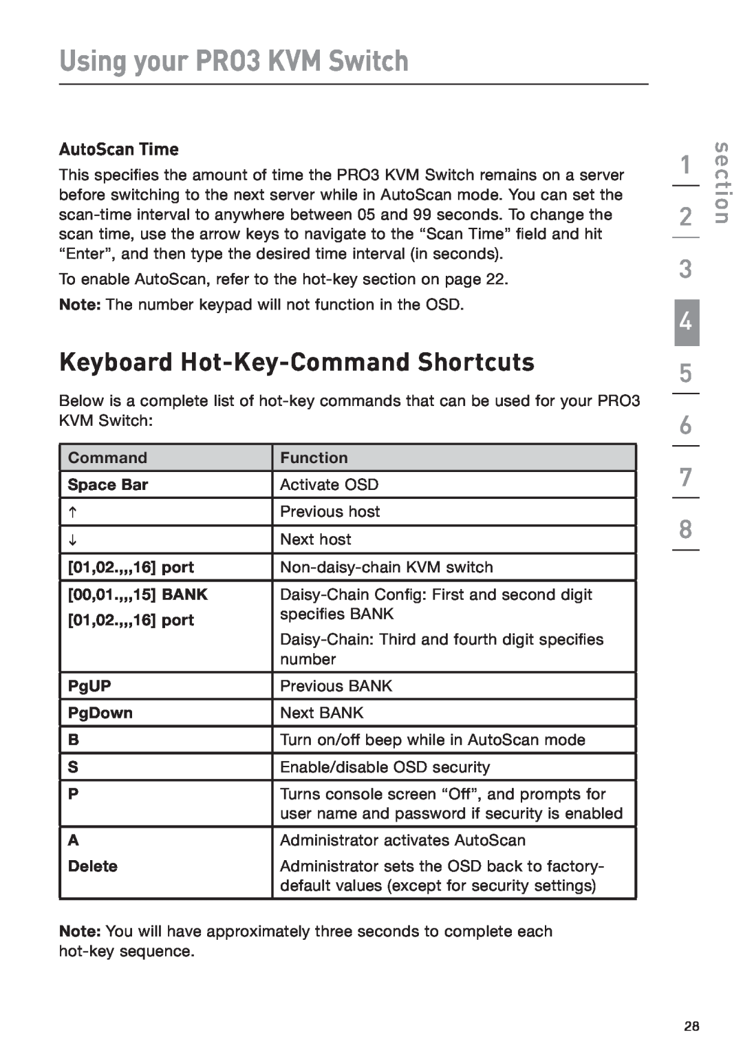 Belkin F1DA208Z Keyboard Hot-Key-Command Shortcuts, AutoScan Time, Function, Space Bar, 01,02.,,,16 port, 00,01.,,,15 BANK 