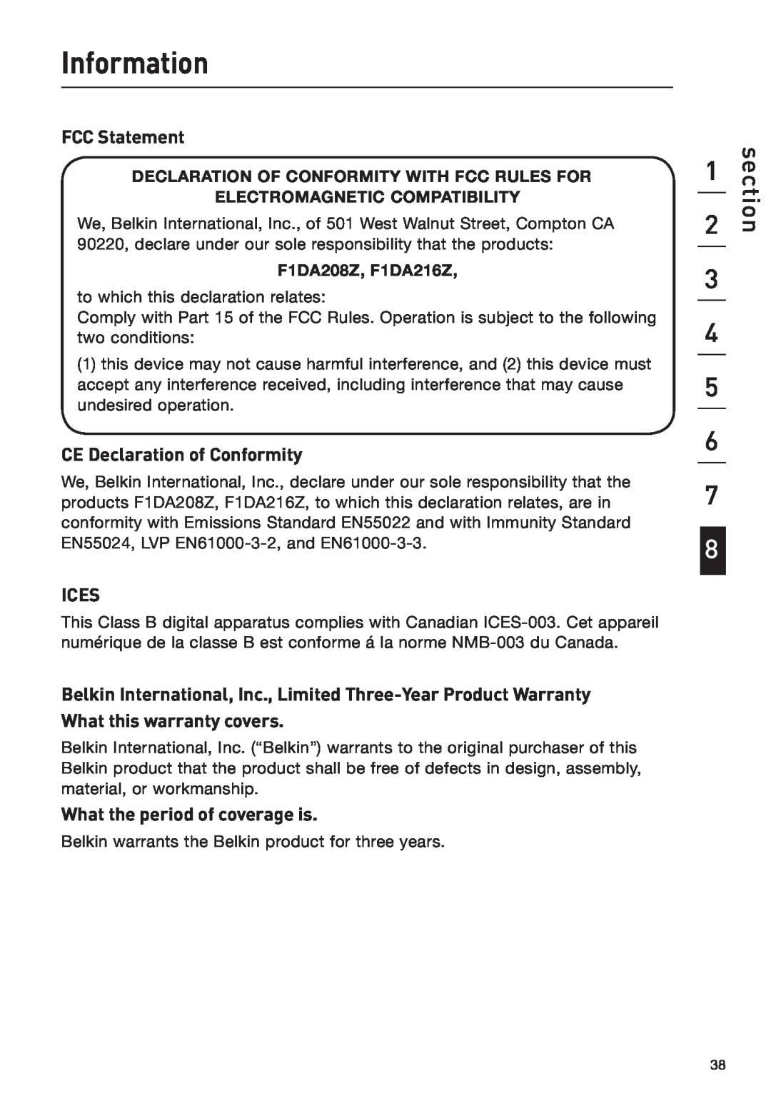 Belkin F1DA208Z Information, FCC Statement, CE Declaration of Conformity, Ices, What the period of coverage is, section 