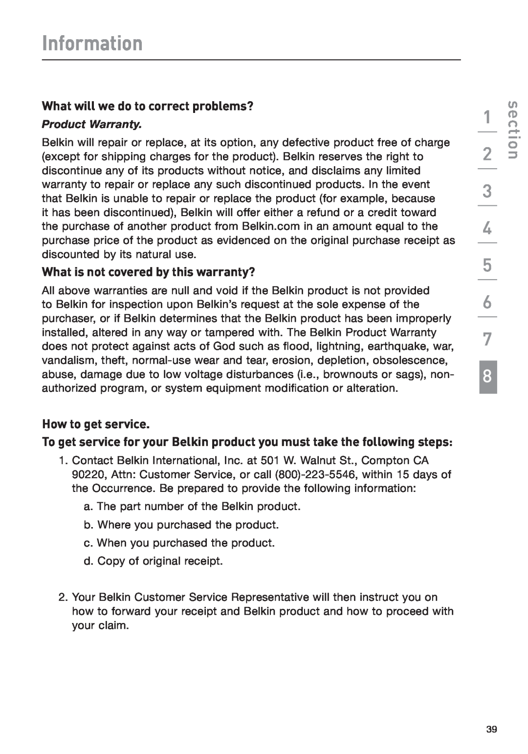 Belkin F1DA208Z manual Information, What will we do to correct problems?, What is not covered by this warranty?, section 