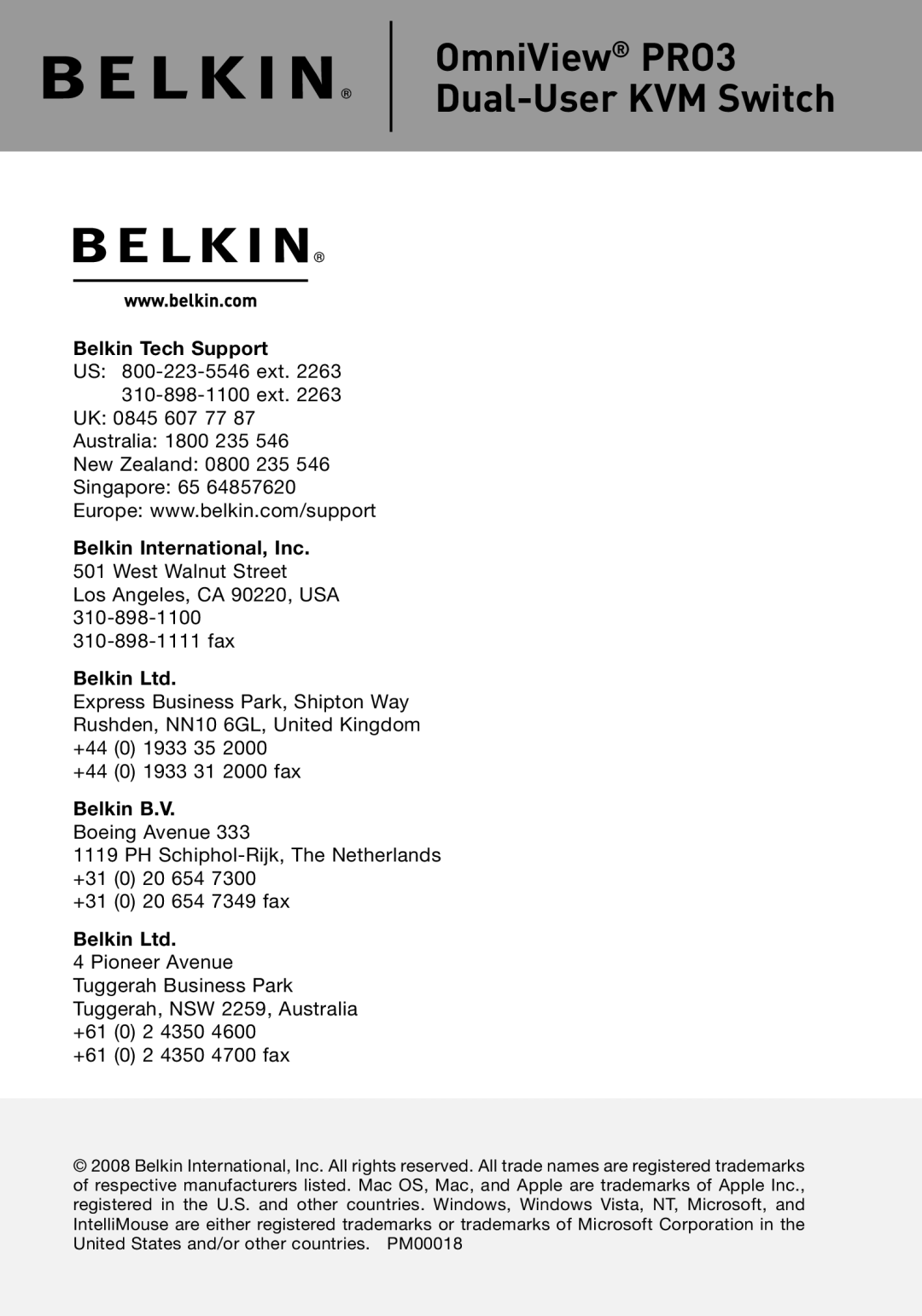 Belkin F1DA208Z manual Belkin Tech Support, Belkin International, Inc, Belkin B.V, OmniView PRO3 Dual-User KVM Switch 