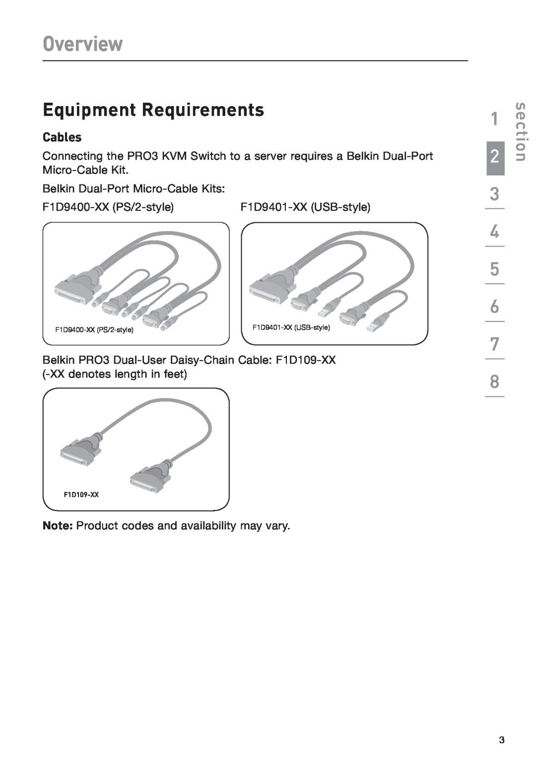 Belkin F1DA208Z Overview, Equipment Requirements, section, Cables, F1D9400-XX PS/2-style, F1D109-XX, F1D9401-XX USB-style 