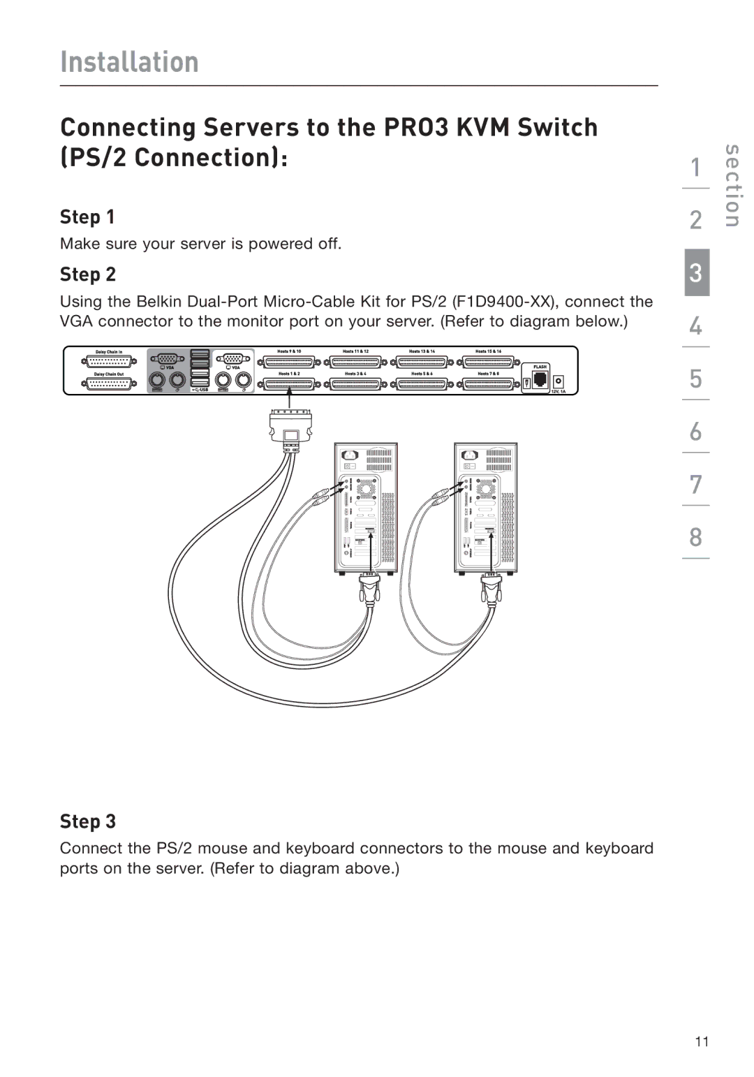 Belkin F1DA208Z manual Connecting Servers to the PRO3 KVM Switch PS/2 Connection 