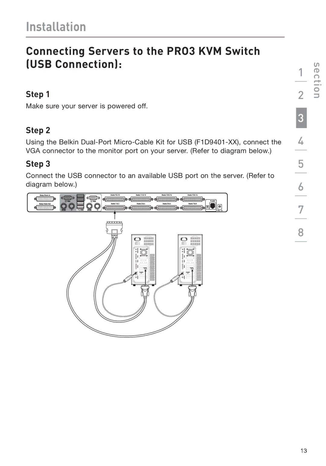 Belkin F1DA208Z manual Connecting Servers to the PRO3 KVM Switch USB Connection 