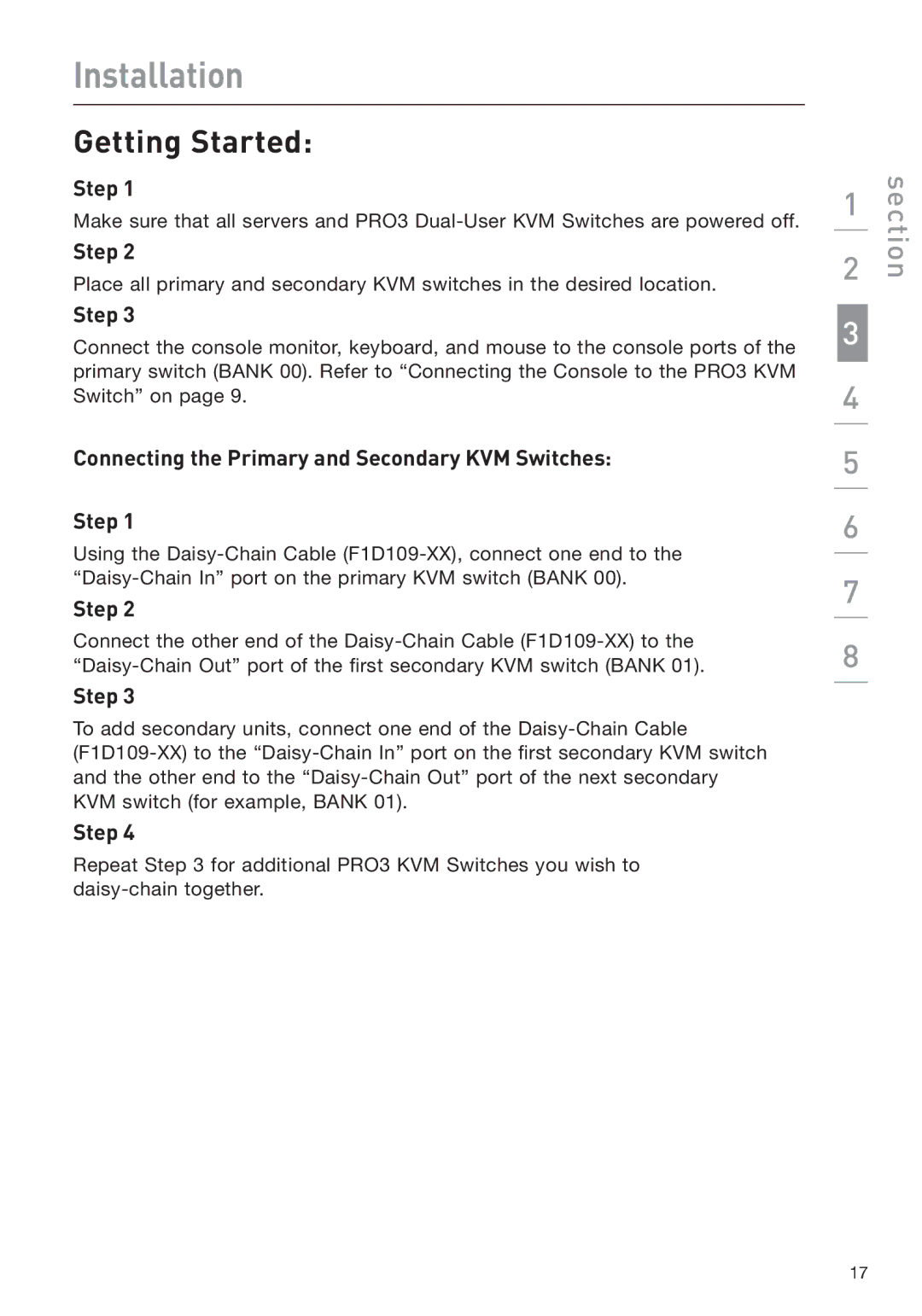 Belkin F1DA208Z manual Getting Started, Connecting the Primary and Secondary KVM Switches Step 