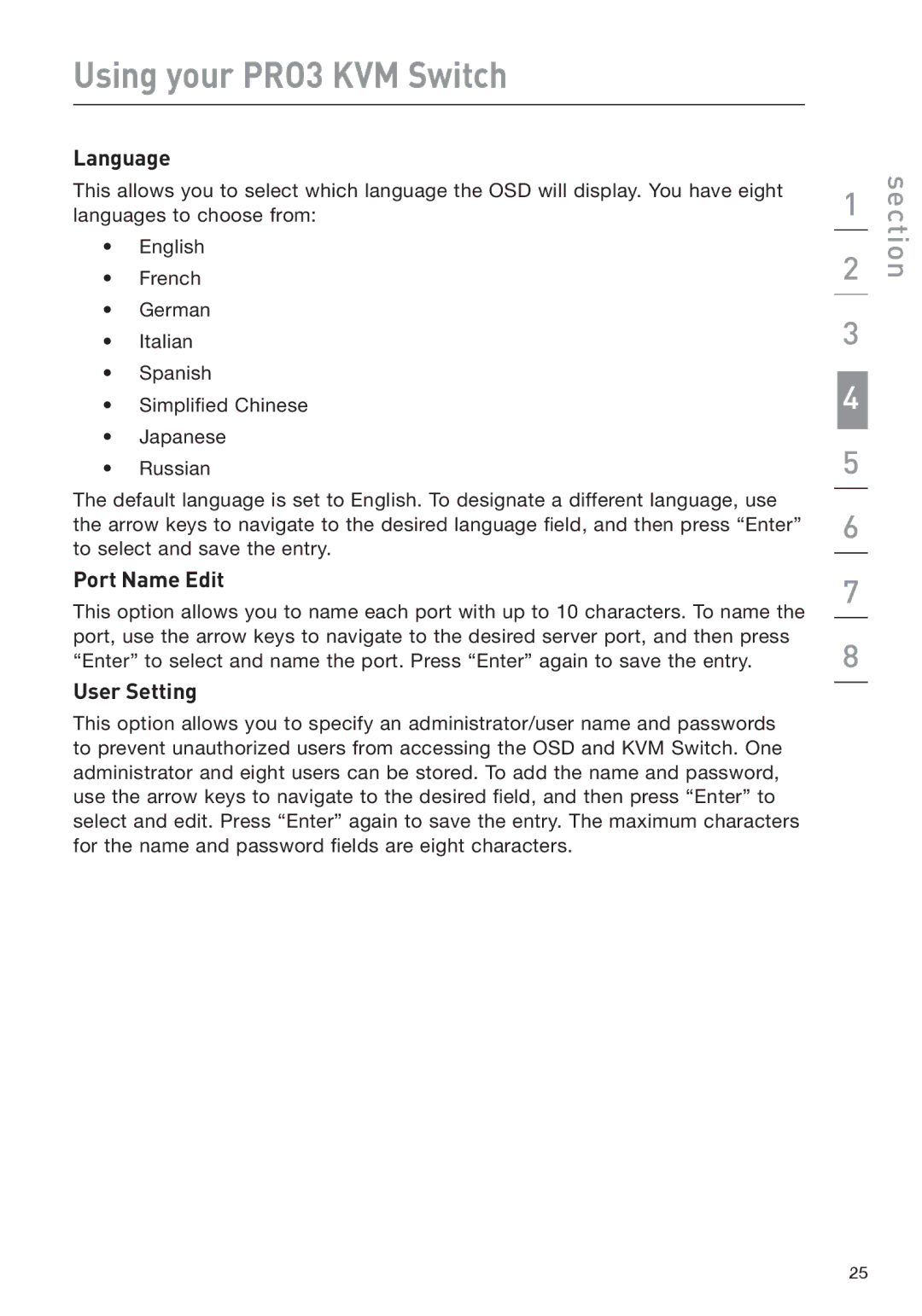 Belkin F1DA208Z manual Language, Port Name Edit, User Setting 