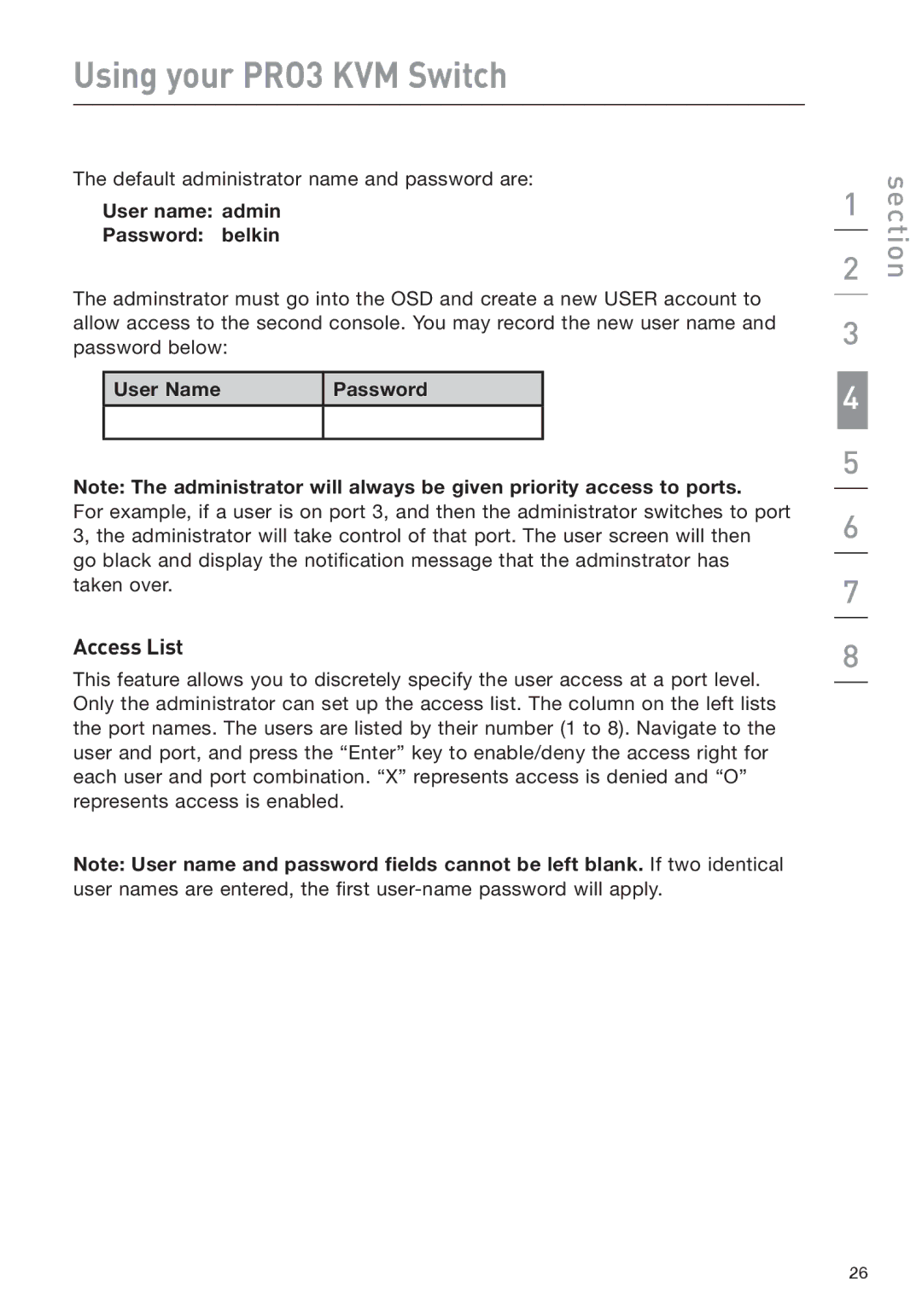 Belkin F1DA208Z manual Access List, User name admin Password belkin, User Name Password 