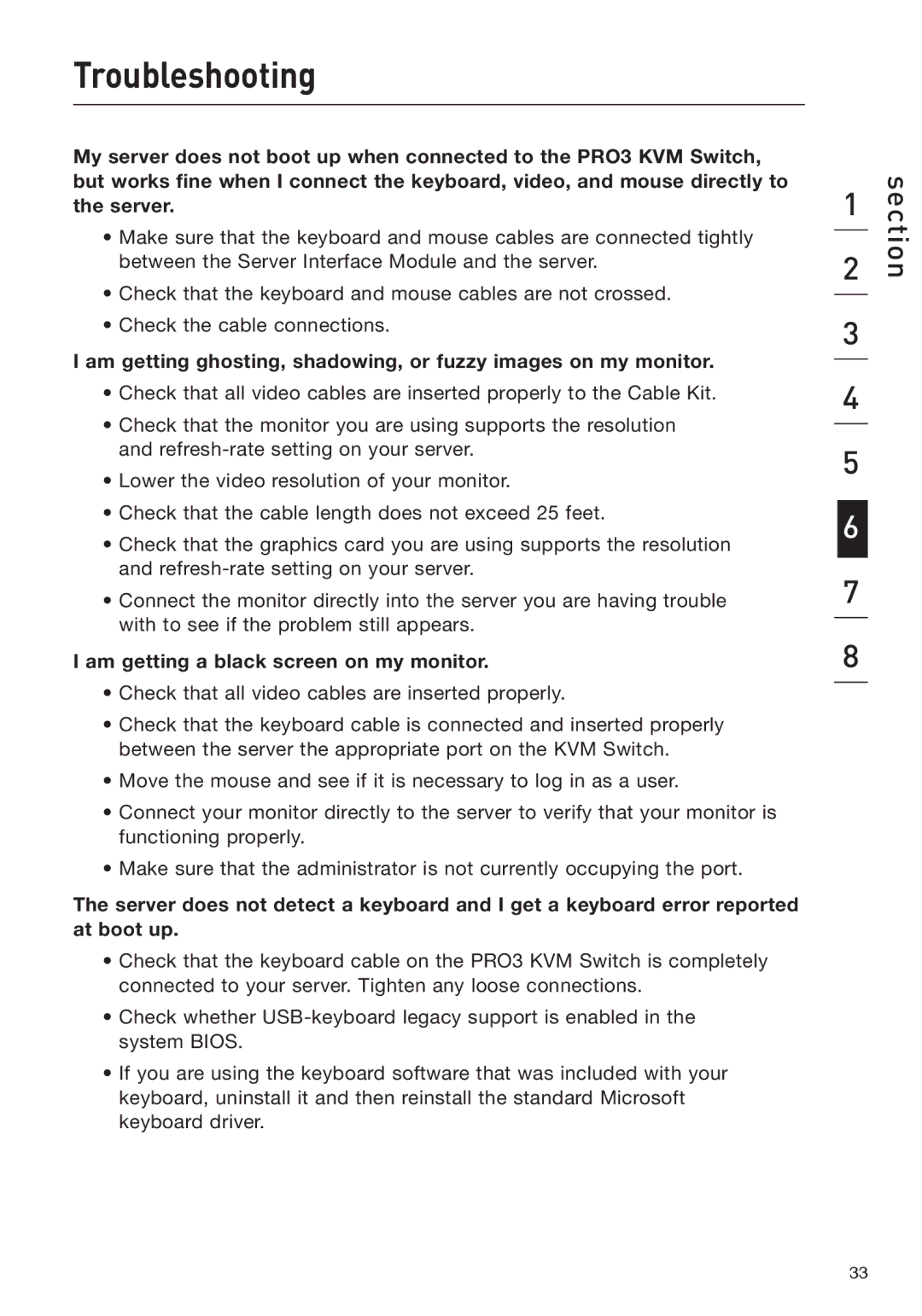 Belkin F1DA208Z manual Troubleshooting, Am getting a black screen on my monitor 