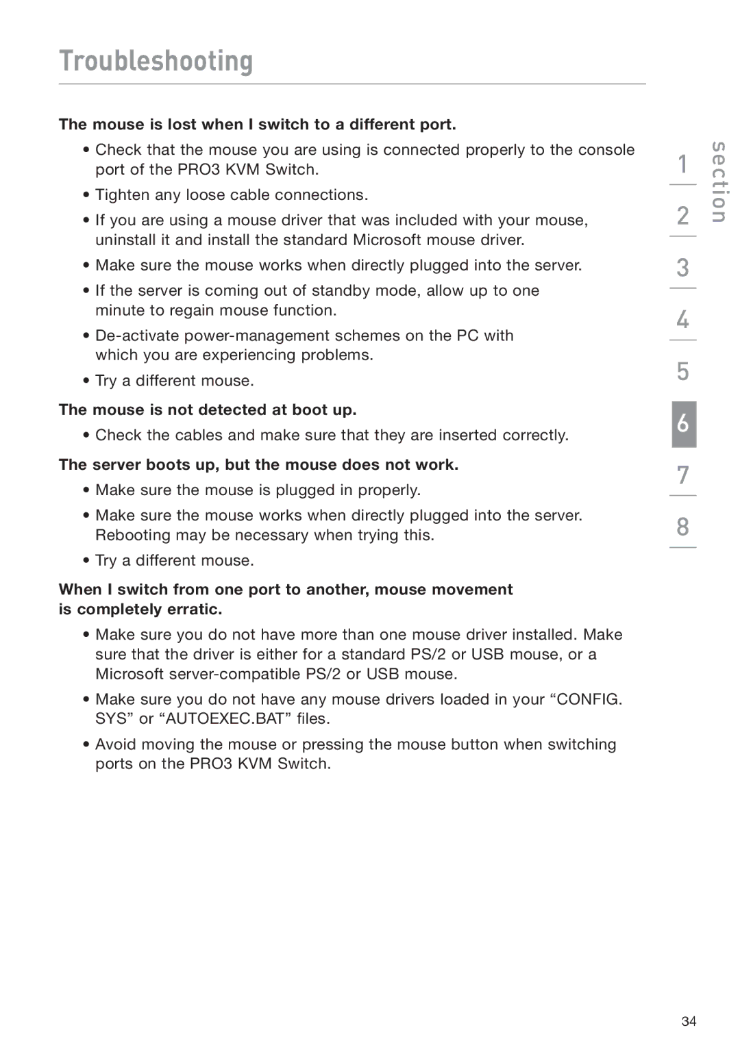 Belkin F1DA208Z manual Troubleshooting, Mouse is lost when I switch to a different port, Mouse is not detected at boot up 