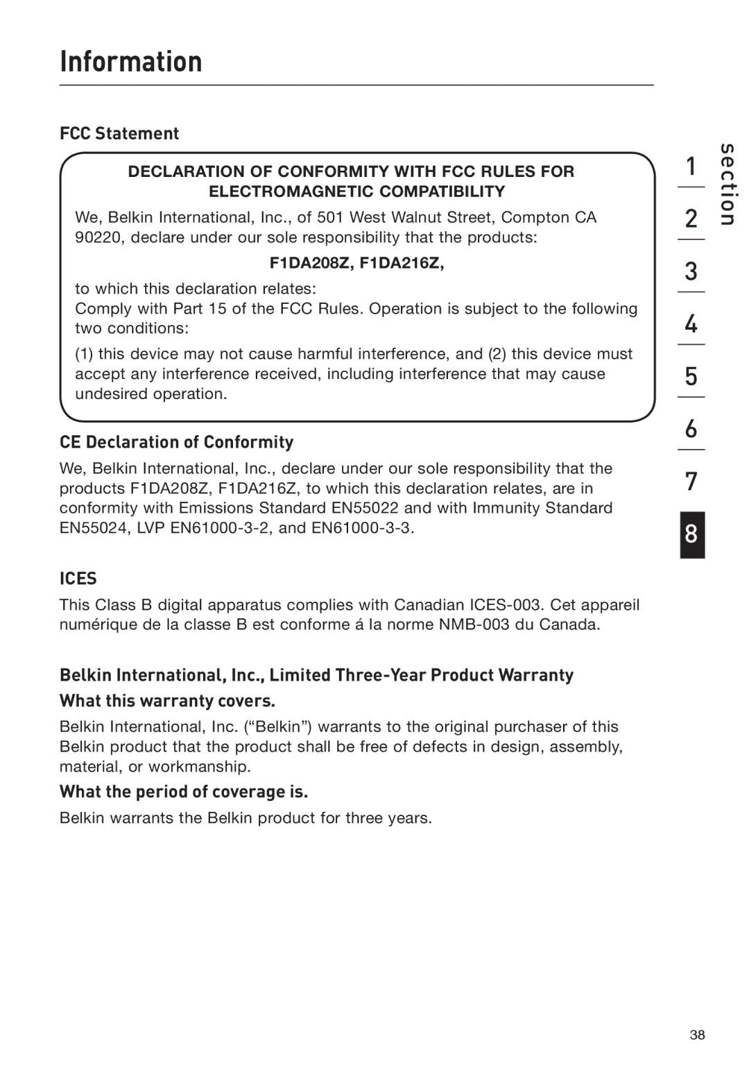 Belkin F1DA208Z manual Information, FCC Statement, CE Declaration of Conformity, What the period of coverage is 