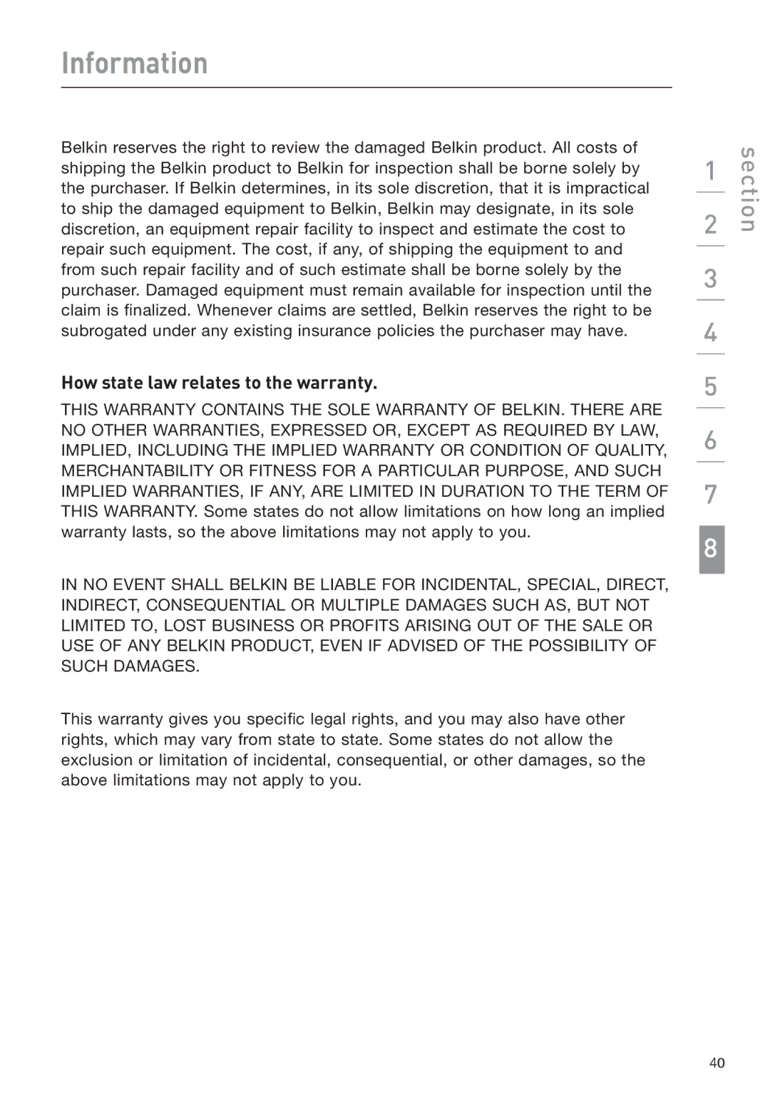 Belkin F1DA208Z manual How state law relates to the warranty 